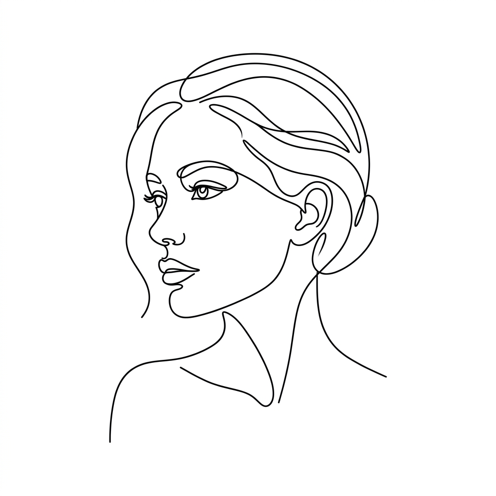 Minimalist line art portrait avatar, single continuous line forming a face