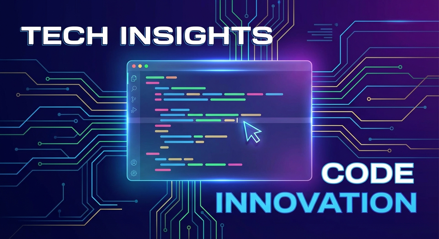 Tech blog thumbnail image, dark gradient background with a glowing code editor