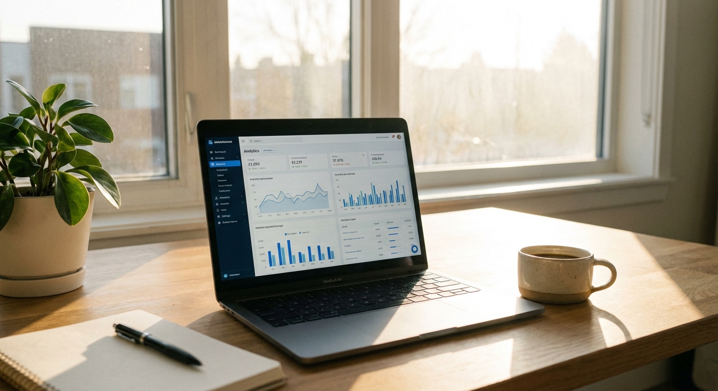 Startup blog header image, clean workspace with laptop showing analytics dashboard