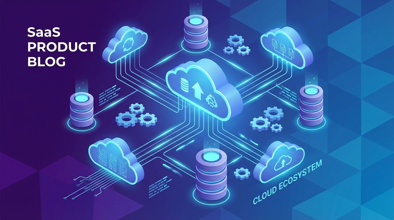 SaaS product blog thumbnail, abstract isometric illustration of cloud services