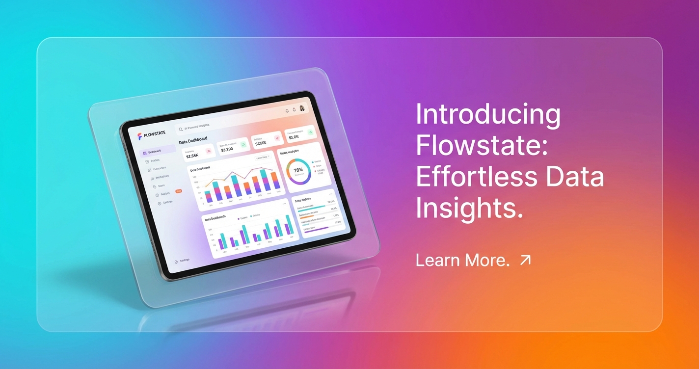 Social preview card with product mockup floating on gradient background, glass morphism