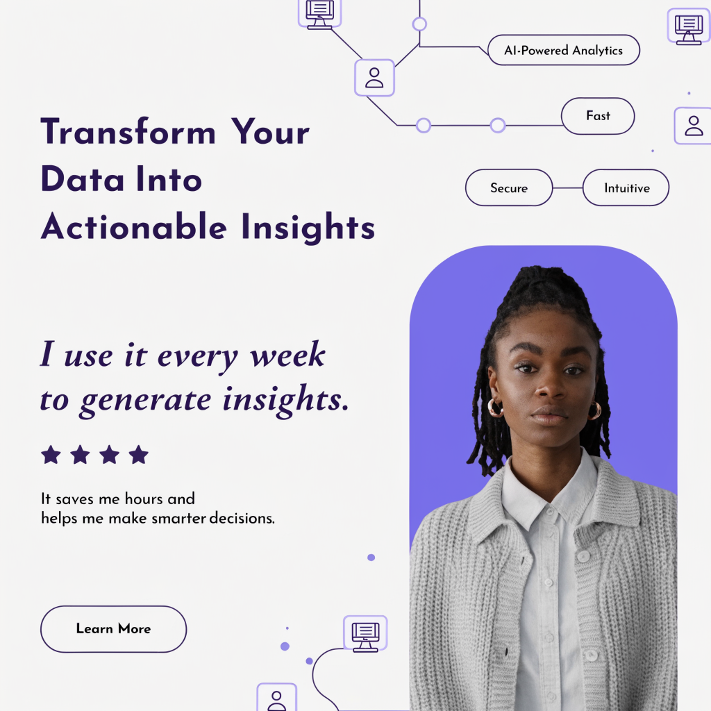 Display ad banner with testimonial quote layout, professional headshot