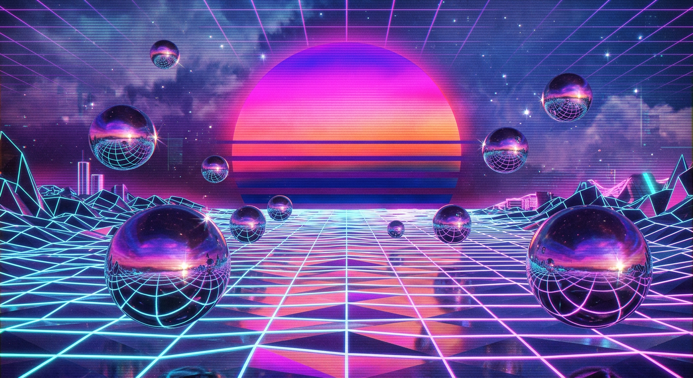 Vaporwave digital sunset over geometric ocean, chrome spheres reflecting neon grid