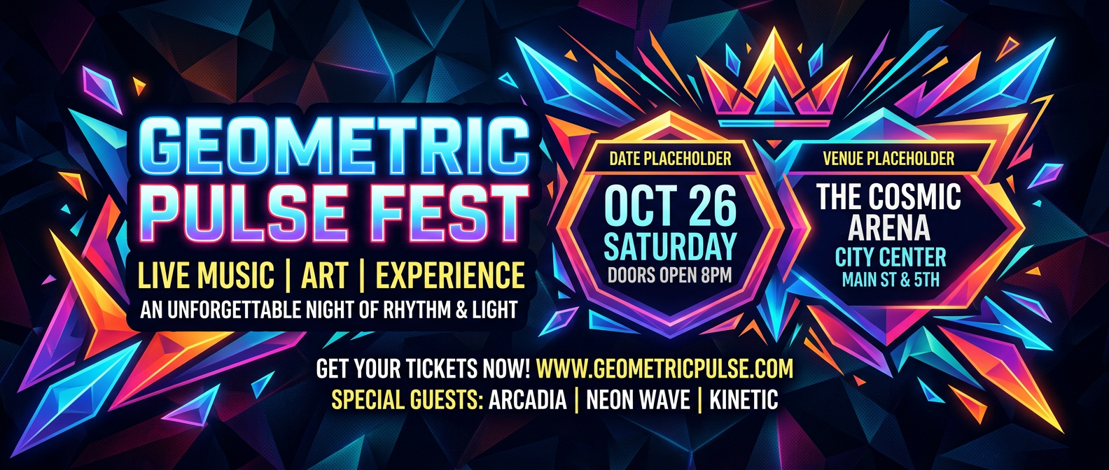 Event promotion banner, bold geometric design with vibrant colors