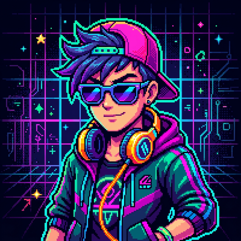 Retro pixel art avatar, cool character with sunglasses and headphones, 16-bit gaming aesthetic