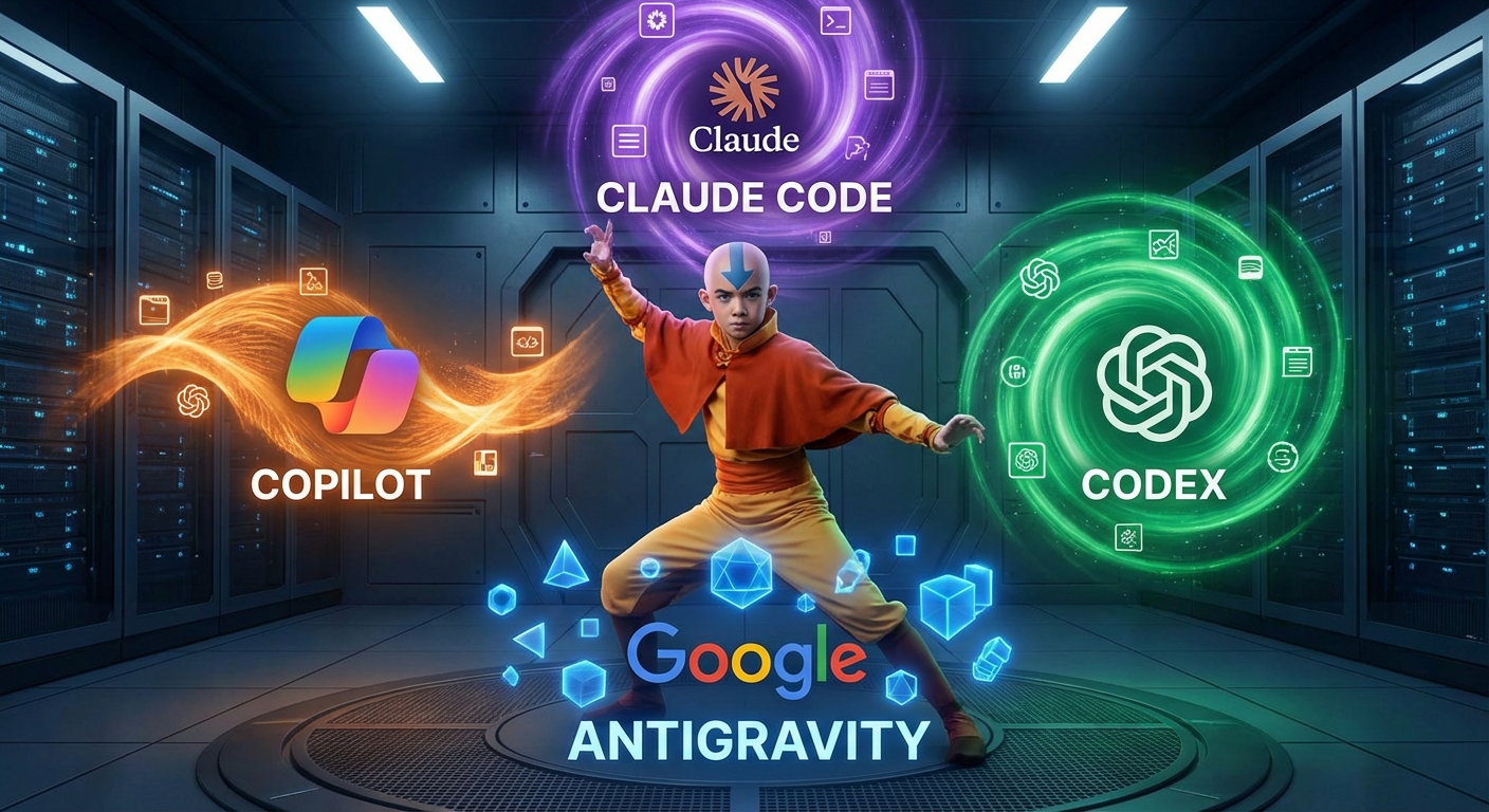 make an image of aang the avatar but instead of fire wind earth water its: claude code, codex, antigravity, and copilot from anthropic, openai, google, and microsoft