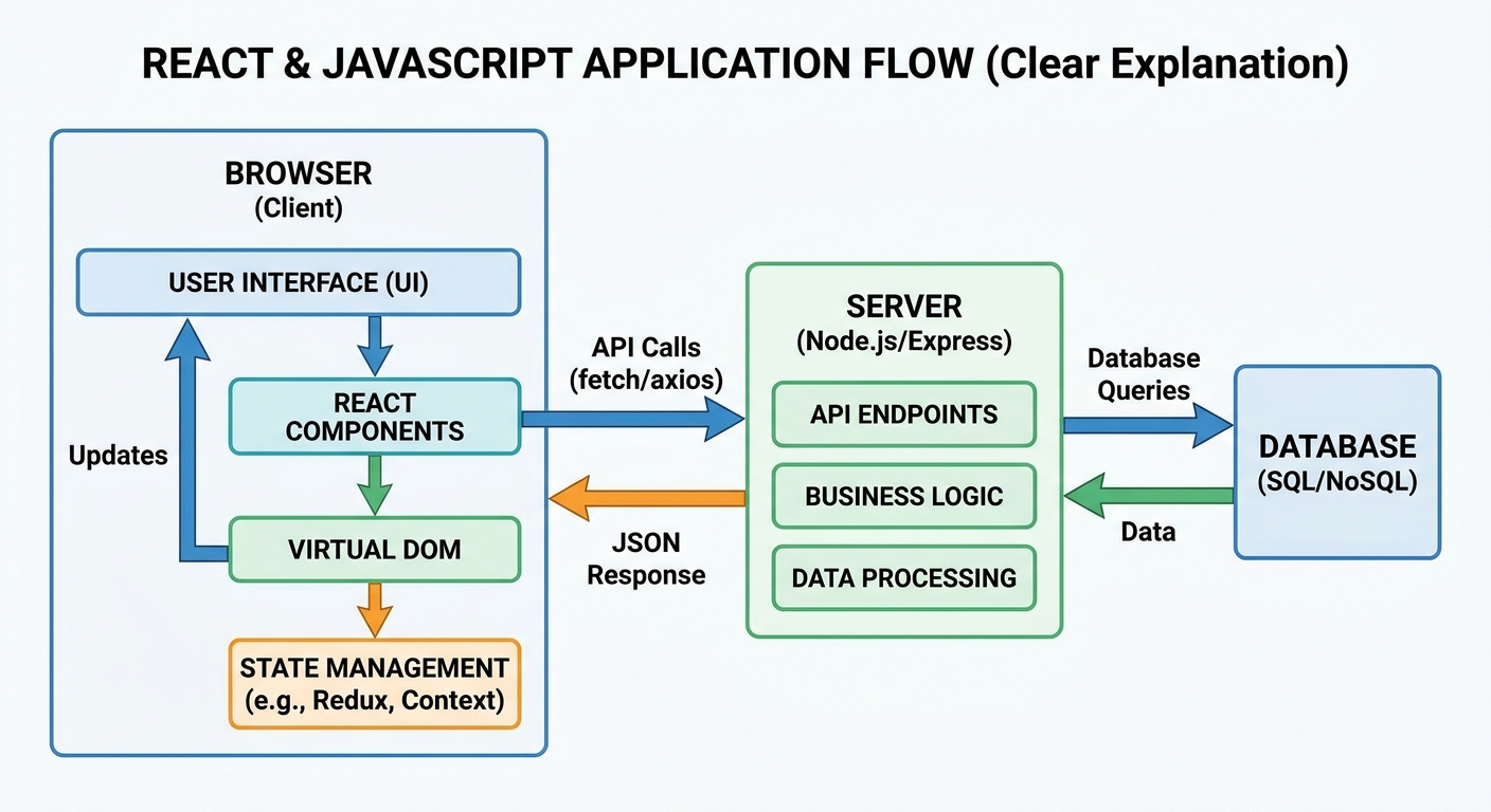 please redraw this diagram to explain react and javascript applications in a more clear way