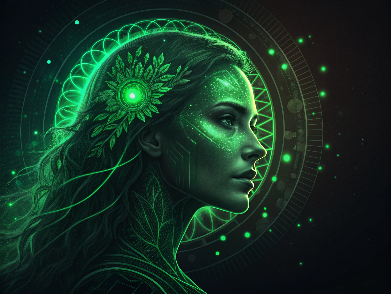 a digital creative muse green, black background, mystical cyber art 