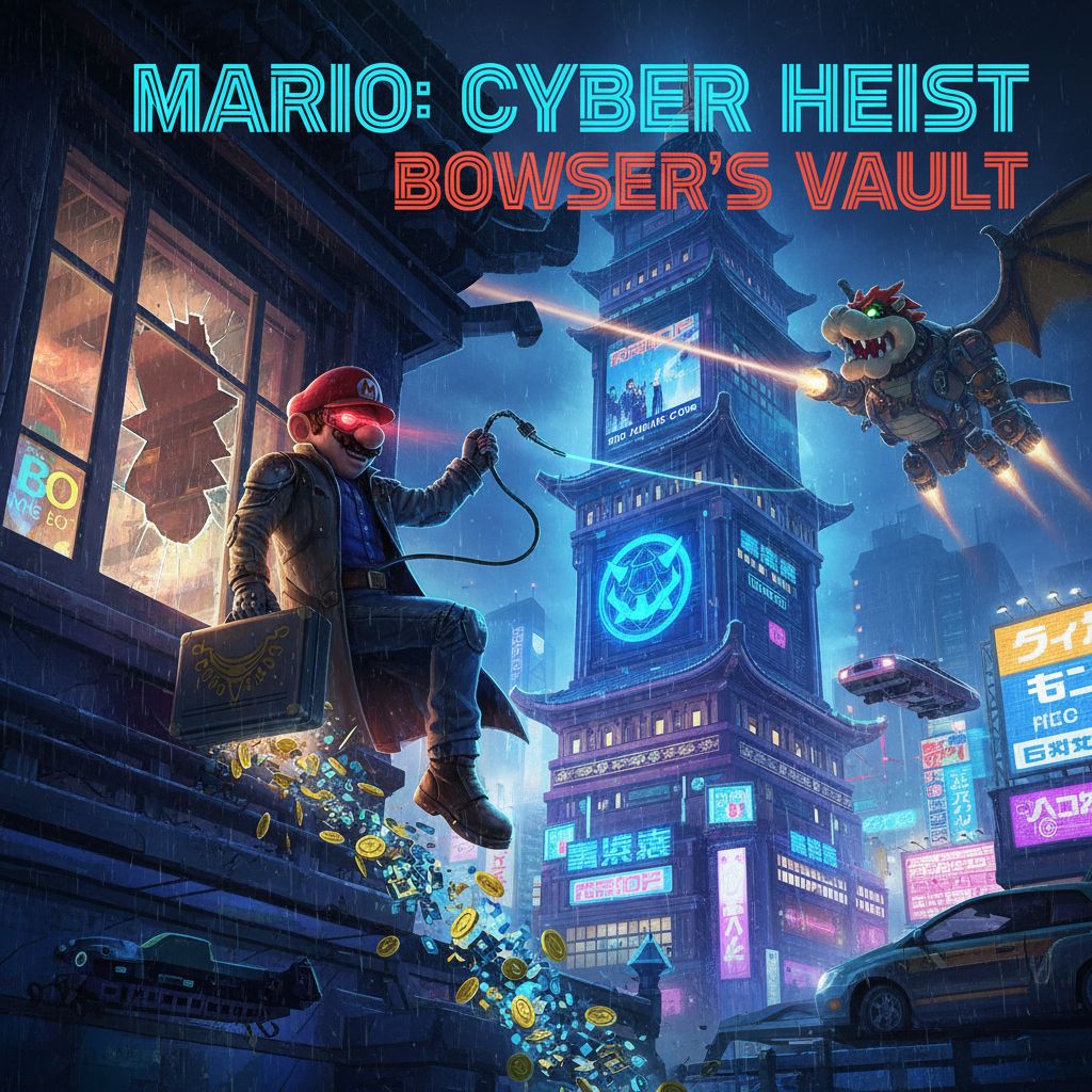 A cyberpunk movie scene album cover artwork of Mario robbing Bowsers bank, beautiful composition dramatic