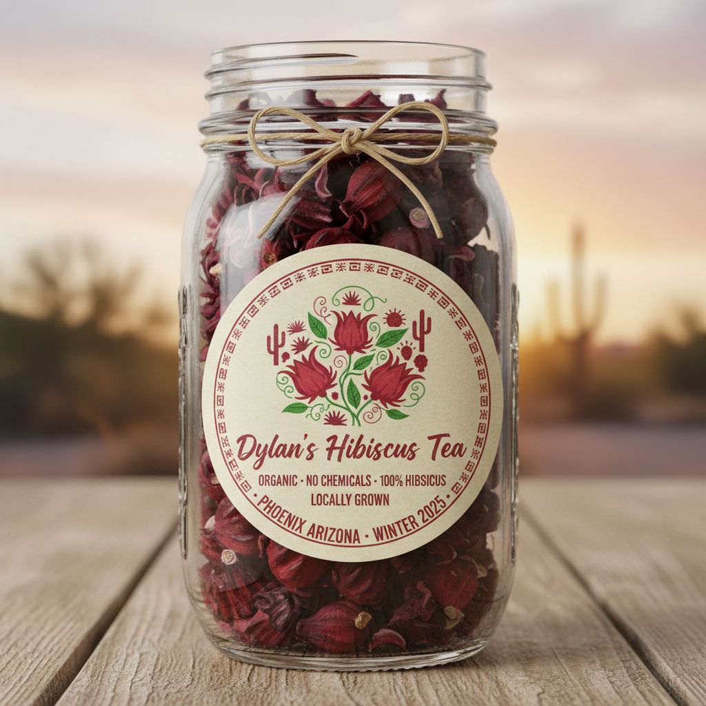 A Mason Jar Product Label for "Dylan's Hibiscus Tea" organic, no chemicals, 100% hibiscus, locally grown Phoenix Arizona Winter 2025, permaculture botanical aesthetic, sonoran desert hibiscus roselle