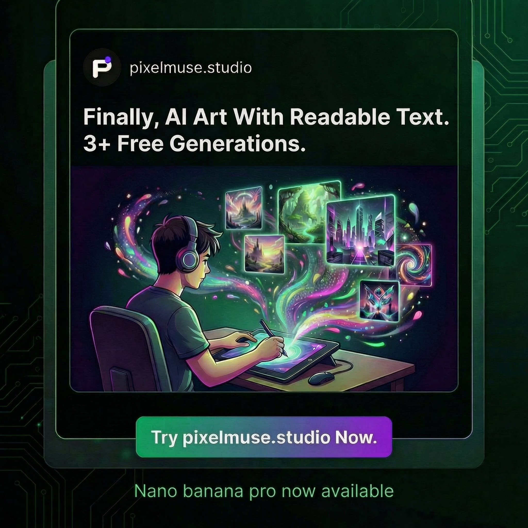 make a variation of this pixelmuse advertisement, optimized for twitter ads with this message: "Finally, AI Art With Readable Text. 3+ Free Generations." and "Nano banana pro now available" in smaller text.