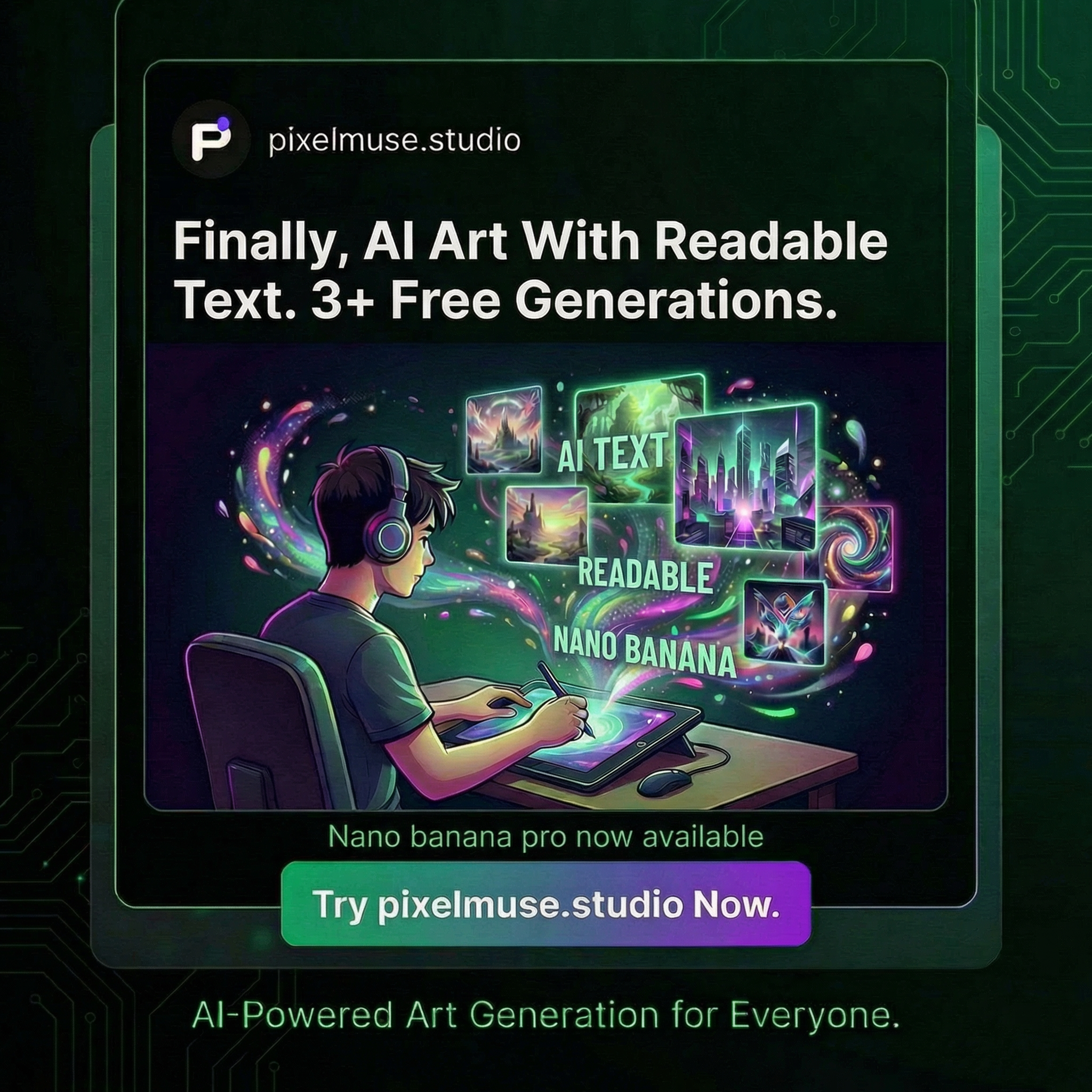 make a variation of this pixelmuse advertisement, optimized for twitter ads, with a new image related to ai image generation studio and with this message: "Finally, AI Art With Readable Text. 3+ Free Generations." and "Nano banana pro now available" in smaller text.