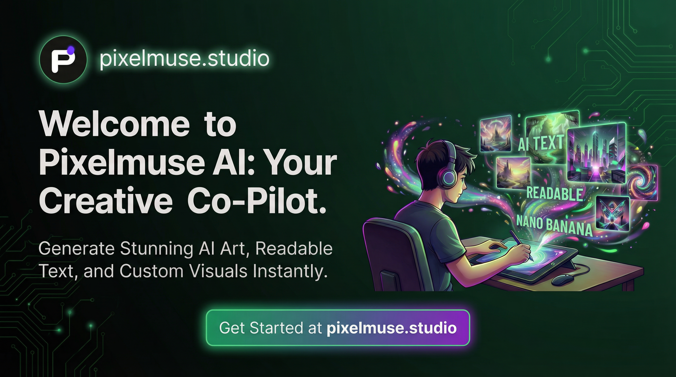 Generate a banner cover photo for the Pixelmuse AI Image generator Facebook page to help new visitors to the page understand and get onboarded onto pixelmuse. i attached a screenshot of our advertisement for aesthetic inspiration 
