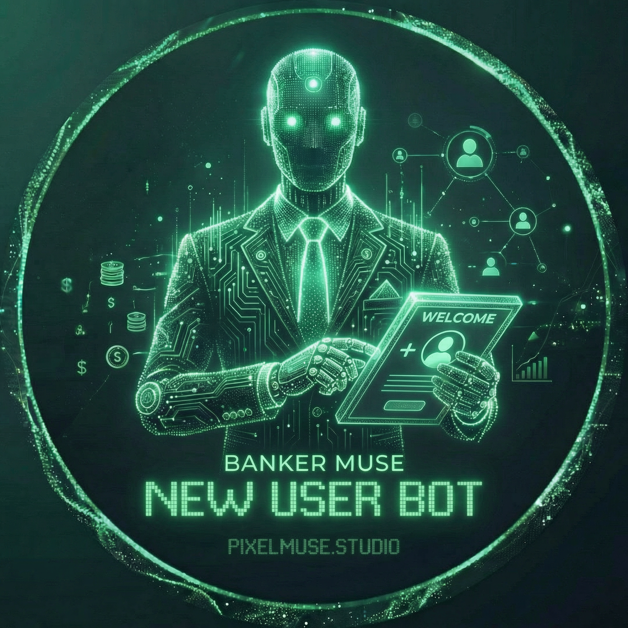 emake this avatar for pixelmuse.studio but for the new user signup bot, less text