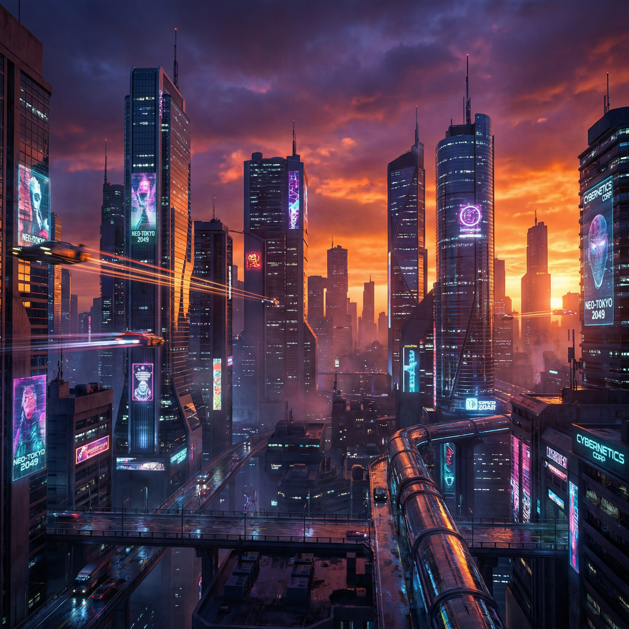 Futuristic city skyline at sunset, cyberpunk style, neon lights, flying
vehicles, towering skyscrapers, dramatic orange and purple sky, cinematic
composition