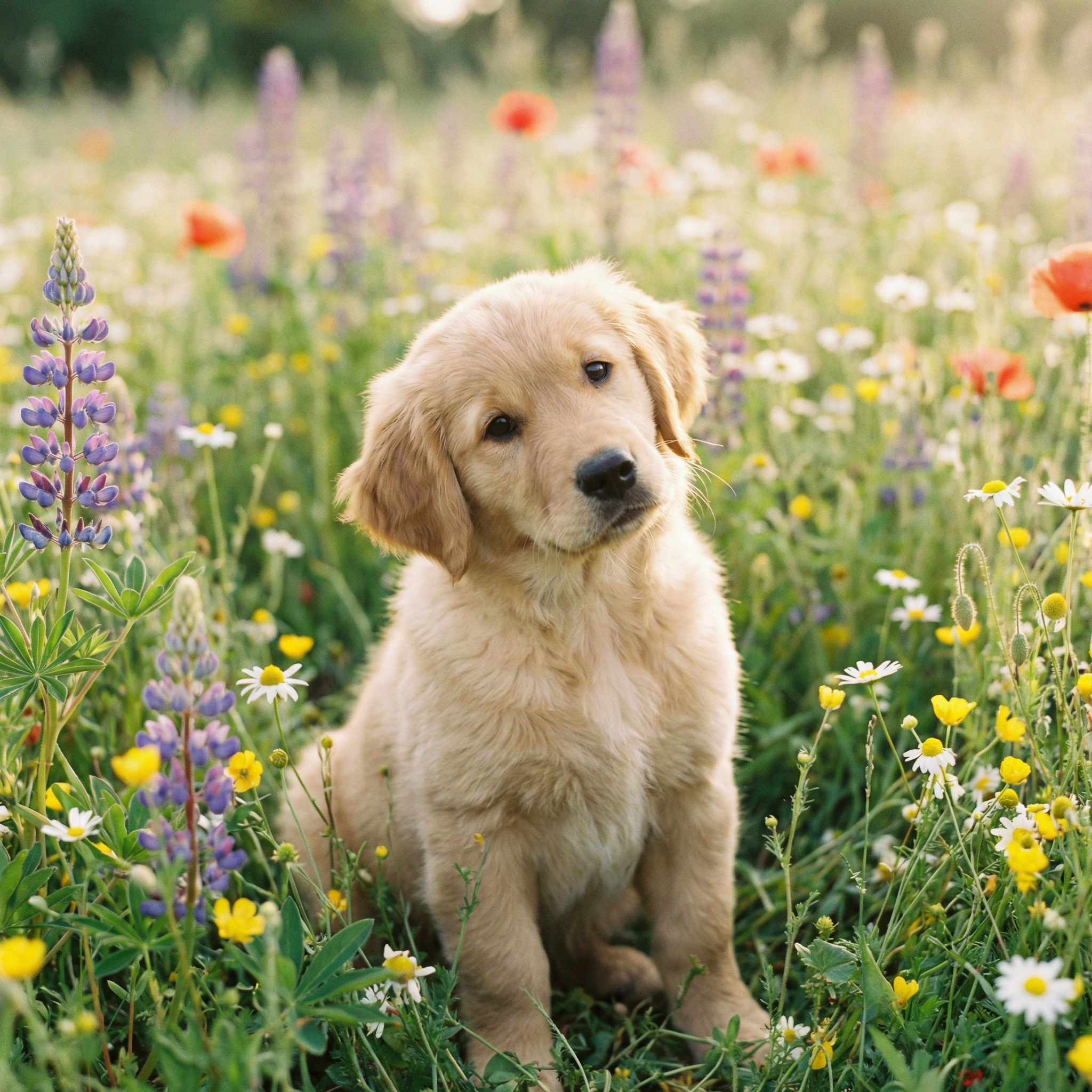 Golden retriever puppy sitting in a flower meadow, realistic photo,
soft natural lighting, shallow depth of field, professional pet photography,
adorable expression