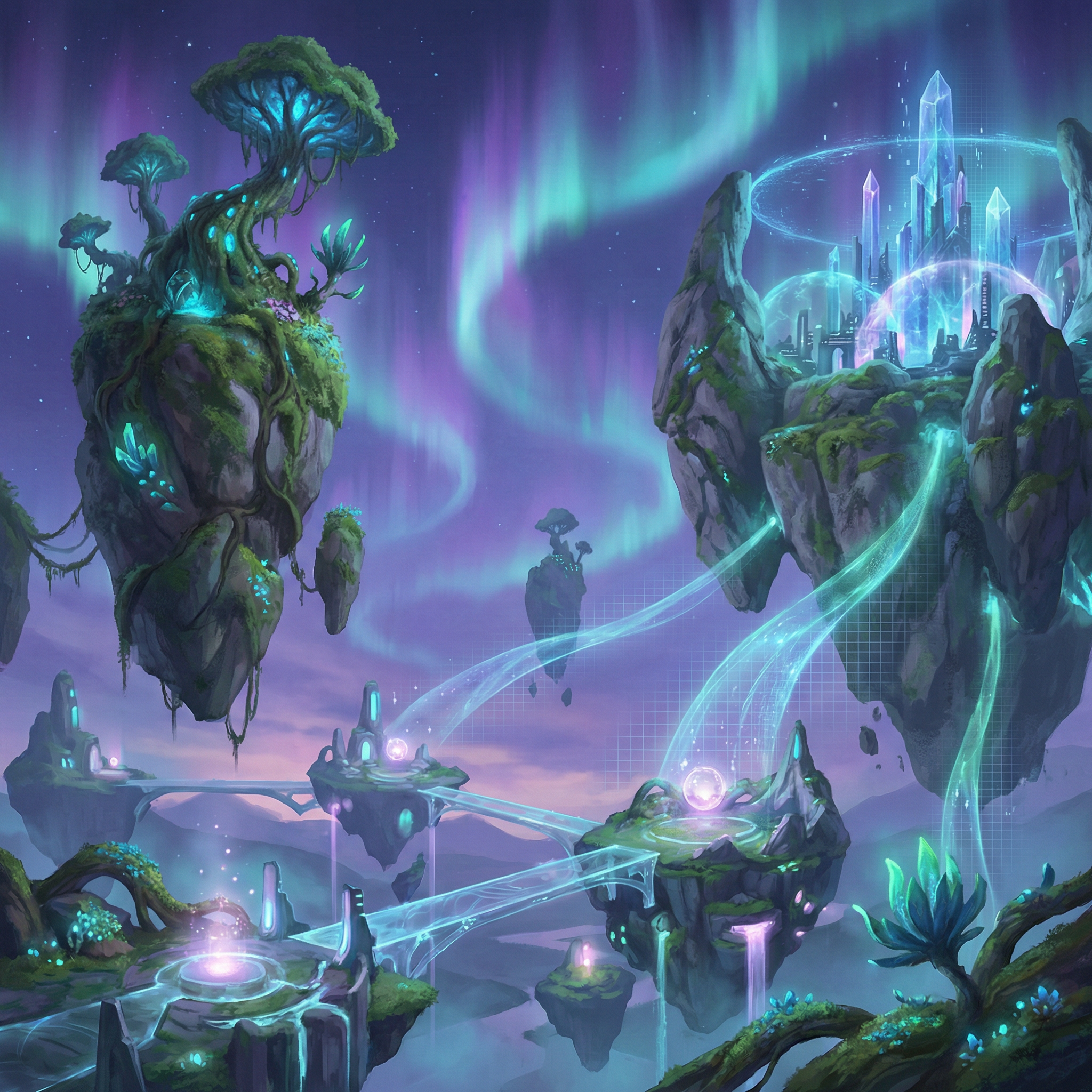 A stunning AI-generated fantasy landscape with floating islands, bioluminescent
  plants, and a magical aurora in a purple and teal sky, highly detailed, digital
  art, professional quality, showcase artwork, futuristic artificial intelligence utopia