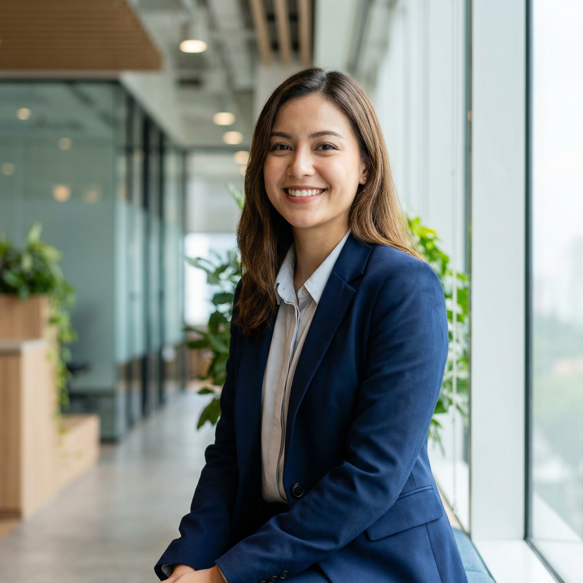 Professional portrait photograph of a confident young entrepreneur in a
modern office, natural window lighting, shallow depth of field, wearing a
navy blazer, warm smile, Canon EOS R5, 85mm f/1.4, magazine editorial
quality, clean background with subtle bokeh