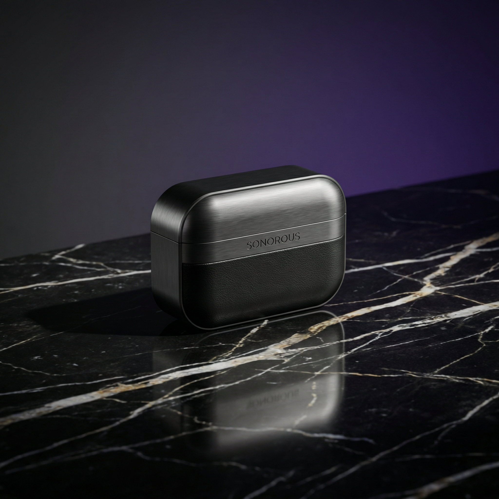 Professional product photography of a premium wireless earbuds case on a
black marble surface, dramatic studio lighting with soft reflections,
minimalist composition, high-end advertising quality, subtle gradient
background transitioning from charcoal to deep purple, 8K detail