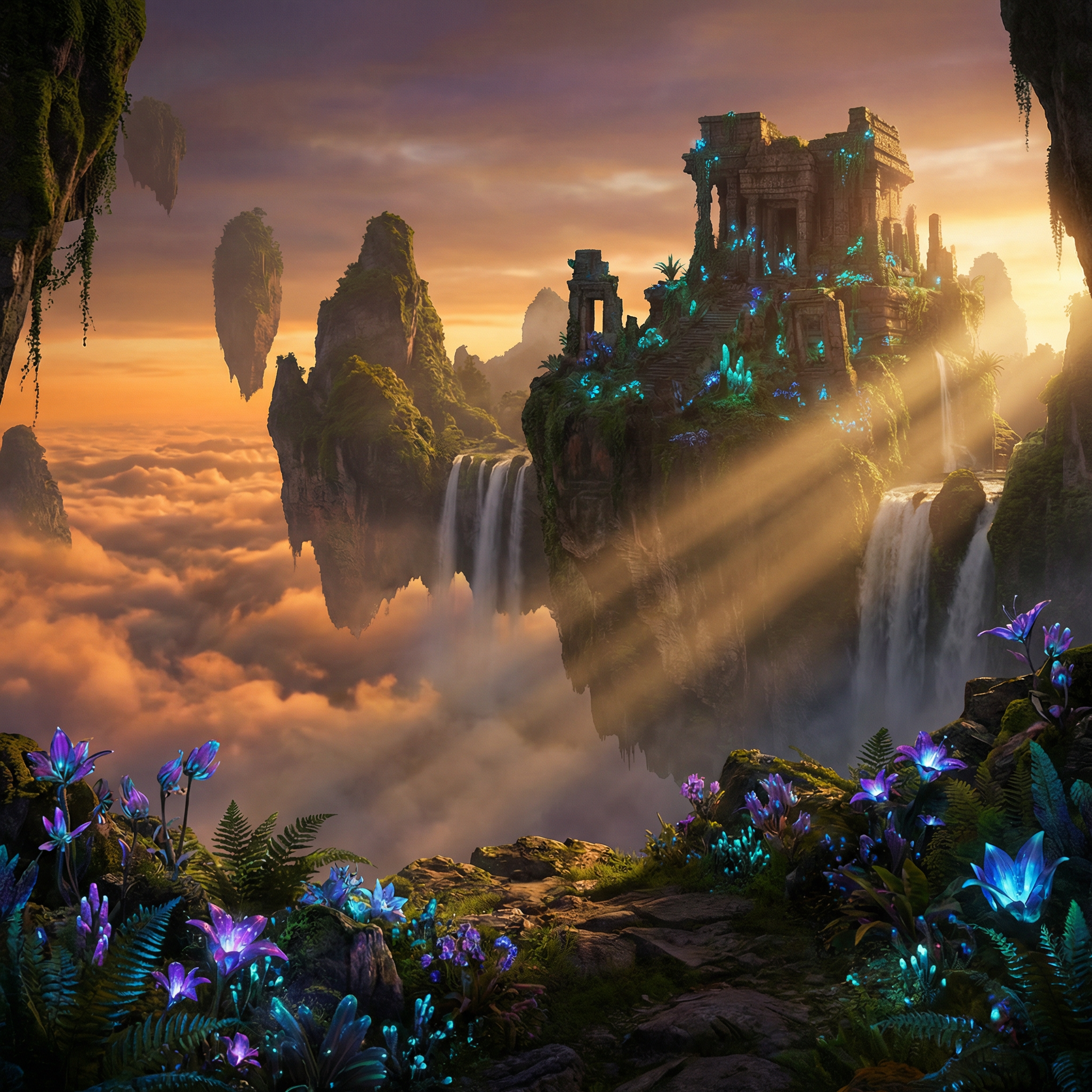 Breathtaking fantasy landscape at golden hour, floating islands with
waterfalls cascading into clouds below, ancient temple ruins covered in
luminescent moss, bioluminescent flowers in foreground, volumetric god
rays piercing through mist, cinematic composition, Unreal Engine 5
quality