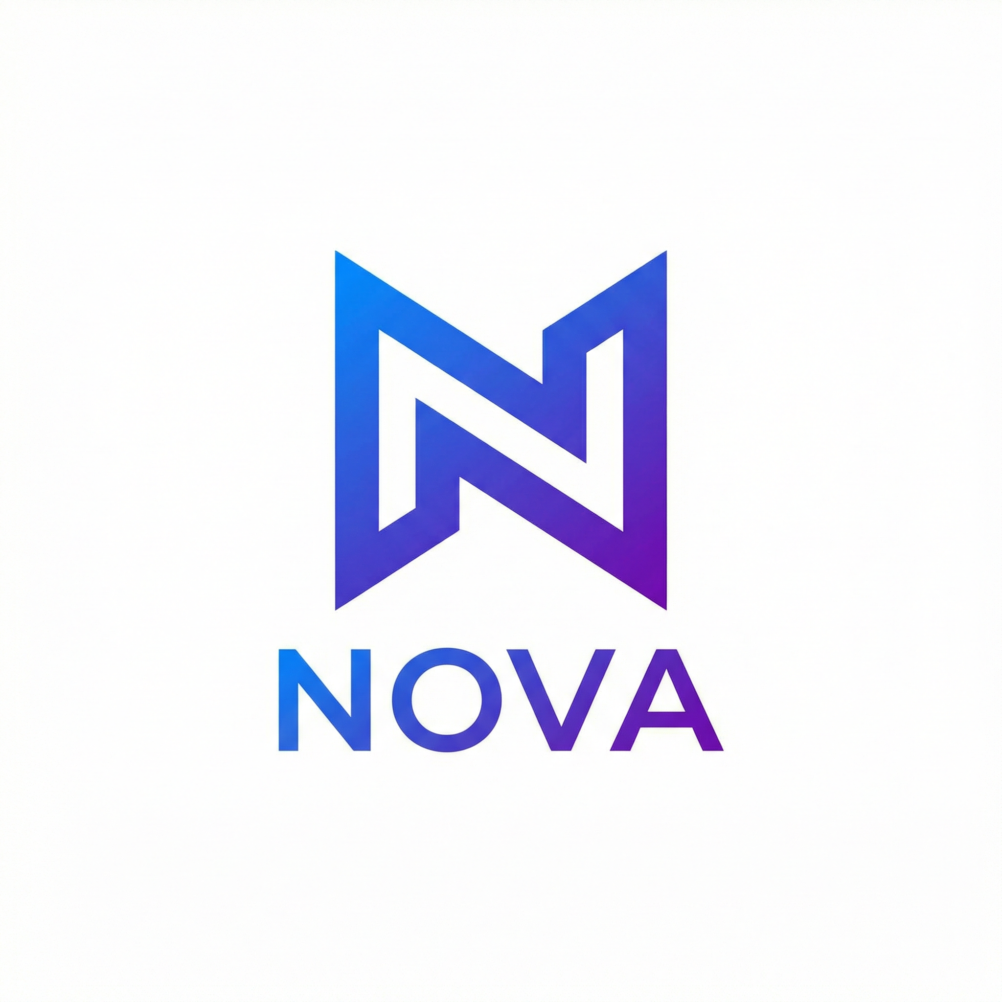   Minimalist geometric logo design for a premium tech startup called
  "NOVA", sleek abstract N lettermark, gradient from electric blue to
  violet, clean lines on pure white background, vector-sharp edges,
  professional brand identity style, centered composition with generous
  whitespace