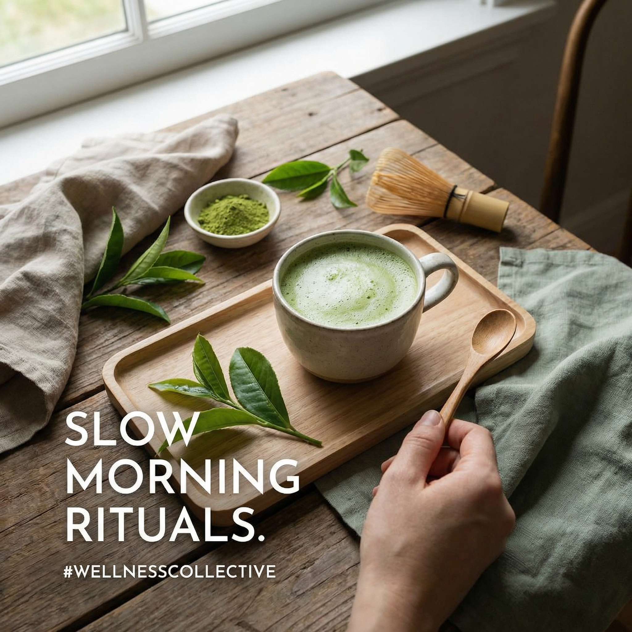 Eye-catching Instagram post design for a wellness brand, aesthetic flat
lay of matcha latte in ceramic cup, fresh green leaves, minimalist wooden
tray, soft natural lighting, muted earth tones with pops of sage green,
lifestyle photography style, clean and aspirational mood