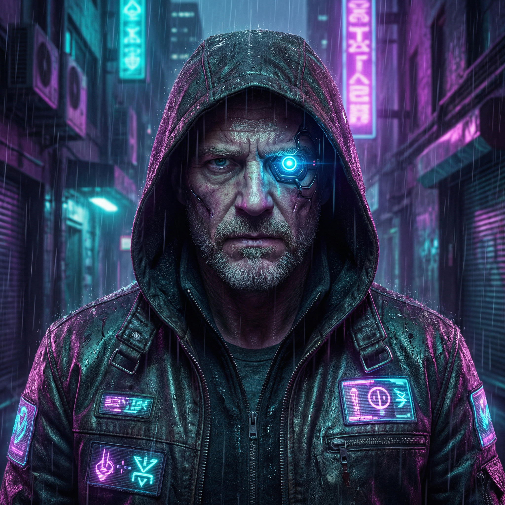 Epic cyberpunk character portrait, battle-worn mercenary with neon blue
cybernetic eye implant, rain-soaked leather jacket with holographic
patches, neon city reflections on wet skin, moody purple and cyan
lighting, Blade Runner atmosphere, hyper-detailed, cinematic close-up
Purpose: Character/avatar generator — appeals to gamers and streamers