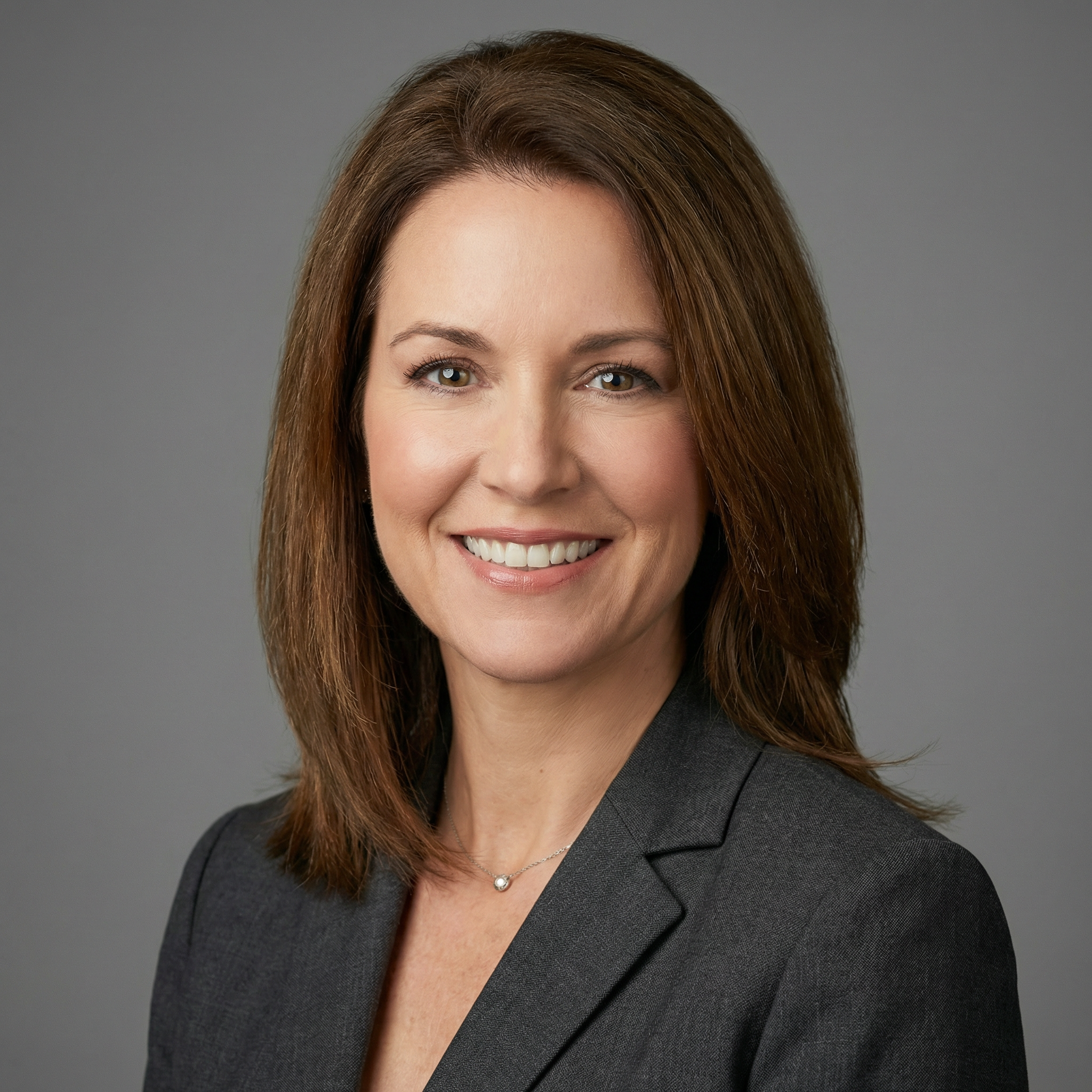 Corporate headshot of a friendly female executive, soft professional
studio lighting, neutral gray backdrop, wearing elegant charcoal blazer,
confident warm expression, sharp focus on eyes, subtle makeup, business
professional photography style, LinkedIn-ready quality