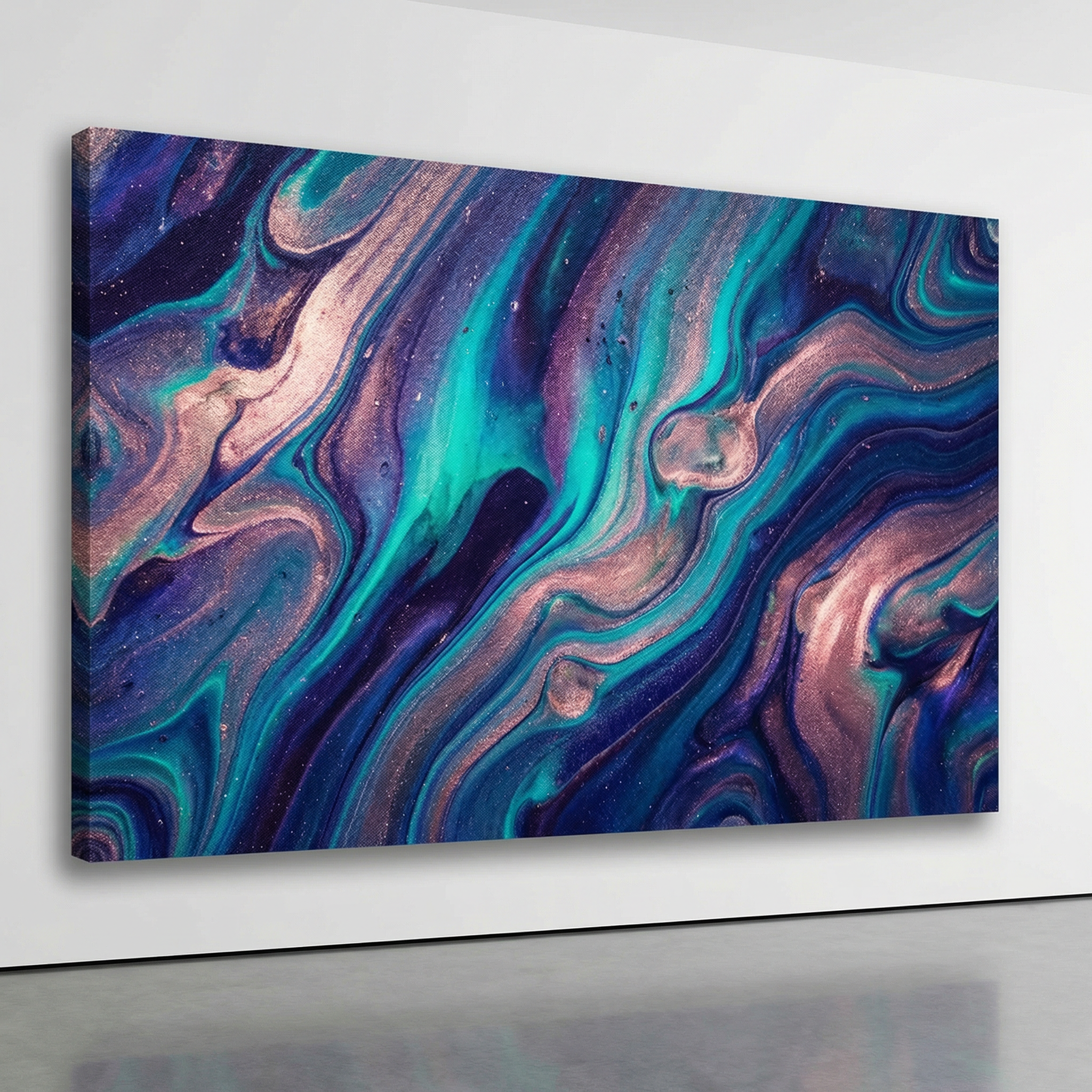  Abstract fluid art composition, mesmerizing swirls of deep indigo,
  electric teal, and rose gold metallics, high-end gallery art aesthetic,
  organic flowing forms resembling aurora borealis, subtle texture and
  depth, ultra high resolution, perfect for desktop wallpaper
  Purpose: Wallpaper generator + visual variety in grid, highly shareable
  aesthetic content
