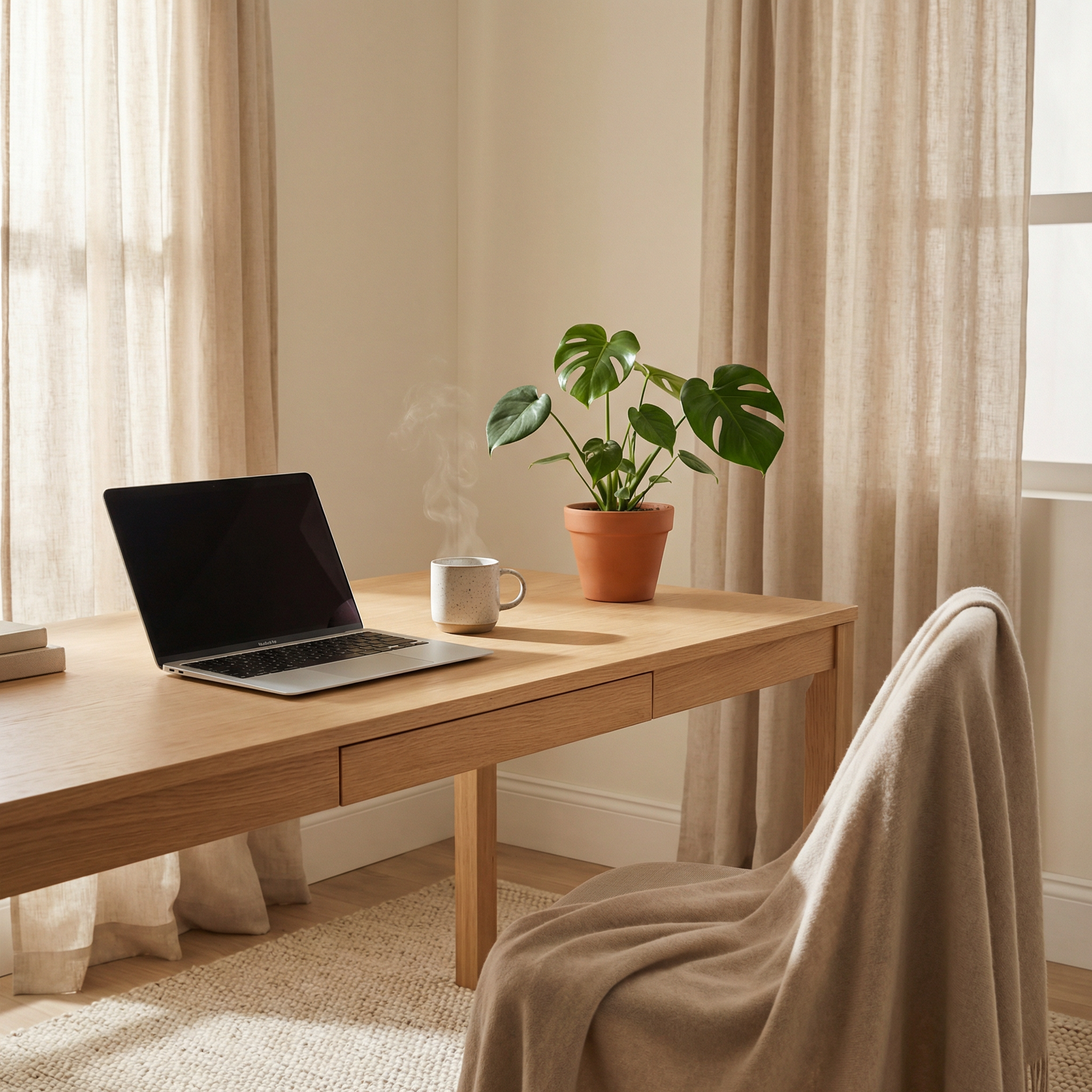 Cozy minimalist home office workspace, morning sunlight streaming through
sheer curtains, MacBook on clean oak desk, ceramic coffee mug with steam
rising, small potted monstera plant, soft neutral color palette with
warm beige and cream tones, lifestyle photography style, calm productive
atmosphere, soft shadows, interior design magazine quality