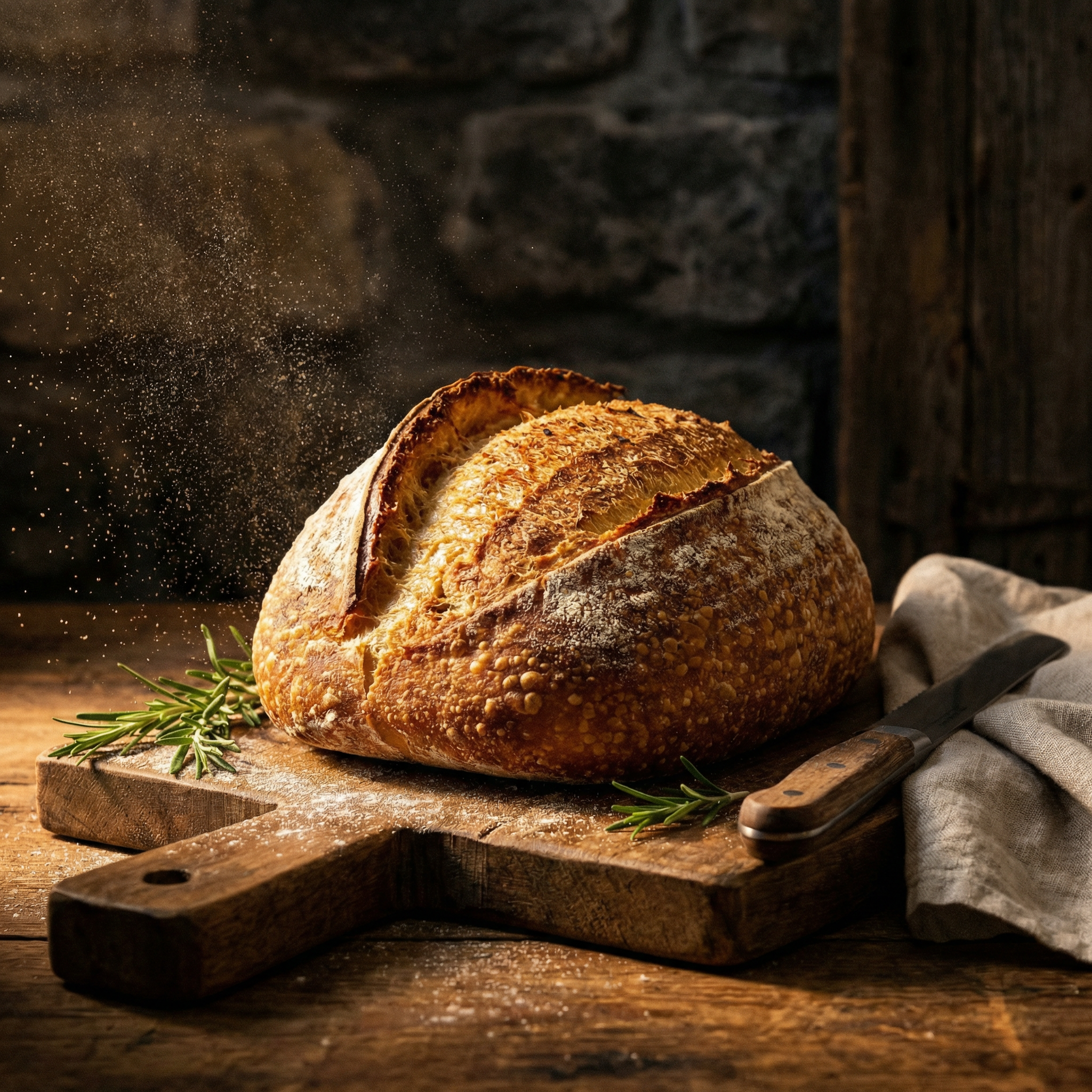 Artisan sourdough bread loaf on rustic wooden cutting board, dramatic
side lighting revealing golden crust texture, scattered flour dust
particles catching light, dark moody background, fresh rosemary sprigs,
professional food photography, shallow depth of field, restaurant menu
quality, warm amber tones