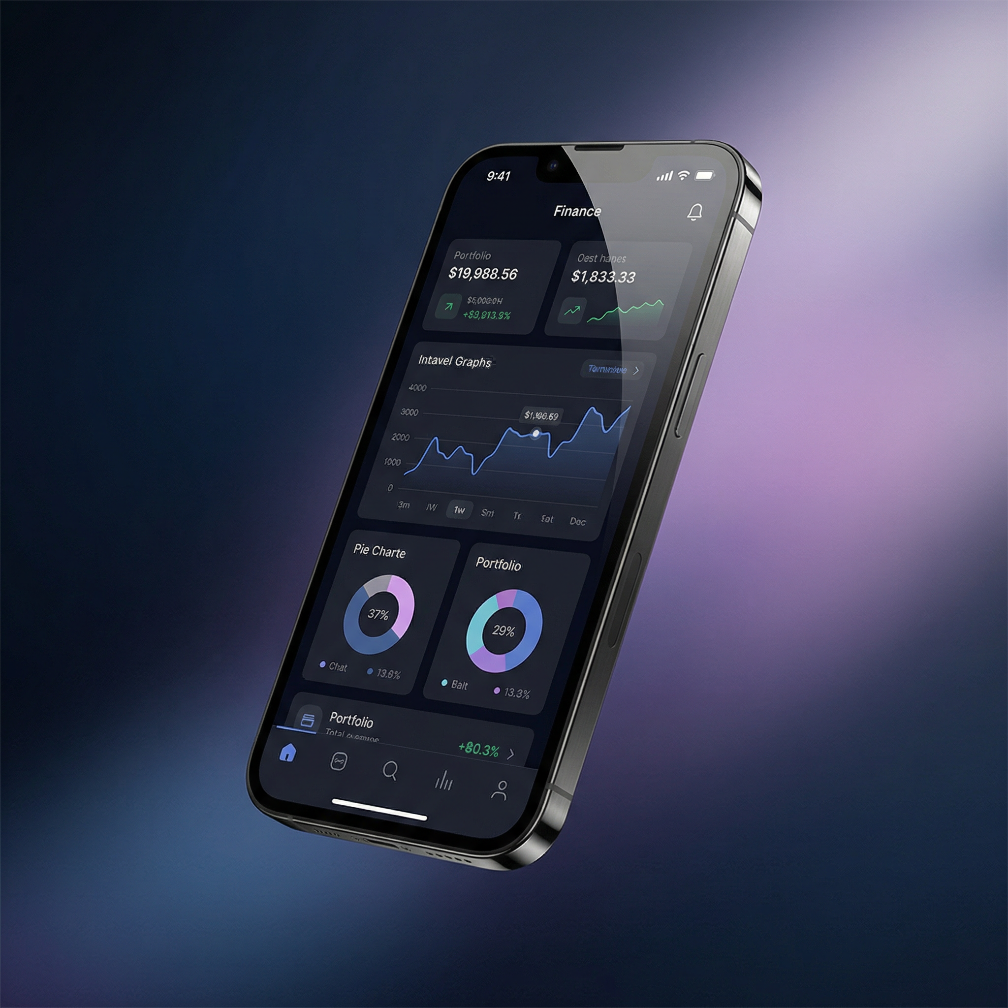 Premium smartphone mockup displaying a modern finance app interface,
floating at slight angle on gradient background from deep navy to soft
purple, subtle glass reflections, clean UI with data visualization
charts, professional product presentation style, soft studio lighting,
tech marketing photography, ultra sharp detail