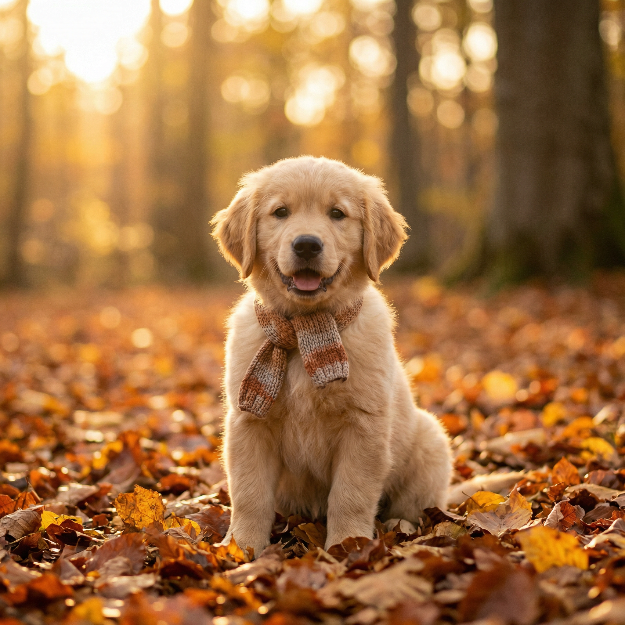 Adorable golden retriever puppy sitting in autumn leaves, soft golden
hour lighting, shallow depth of field with bokeh background, warm orange
and amber tones, puppy looking directly at camera with happy expression,
professional pet photography, heartwarming and shareable, magazine cover
quality