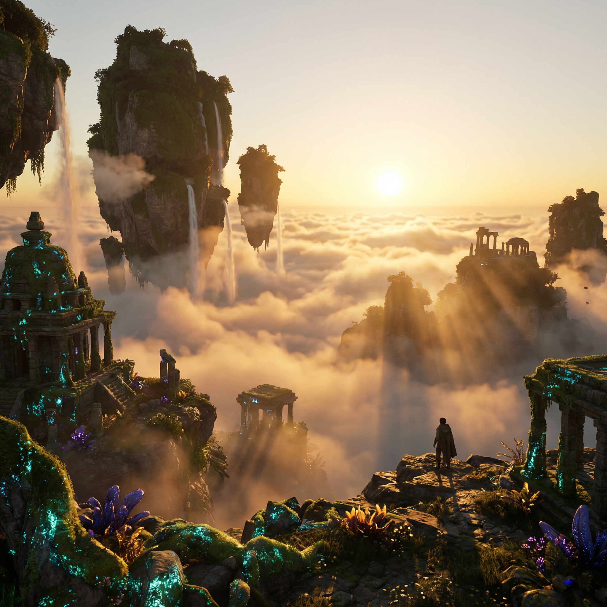 Breathtaking fantasy landscape at golden hour, floating islands with
waterfalls cascading into clouds below, ancient temple ruins covered in
luminescent moss, bioluminescent flowers in foreground, volumetric god
rays piercing through mist, cinematic composition, Unreal Engine 5
quality