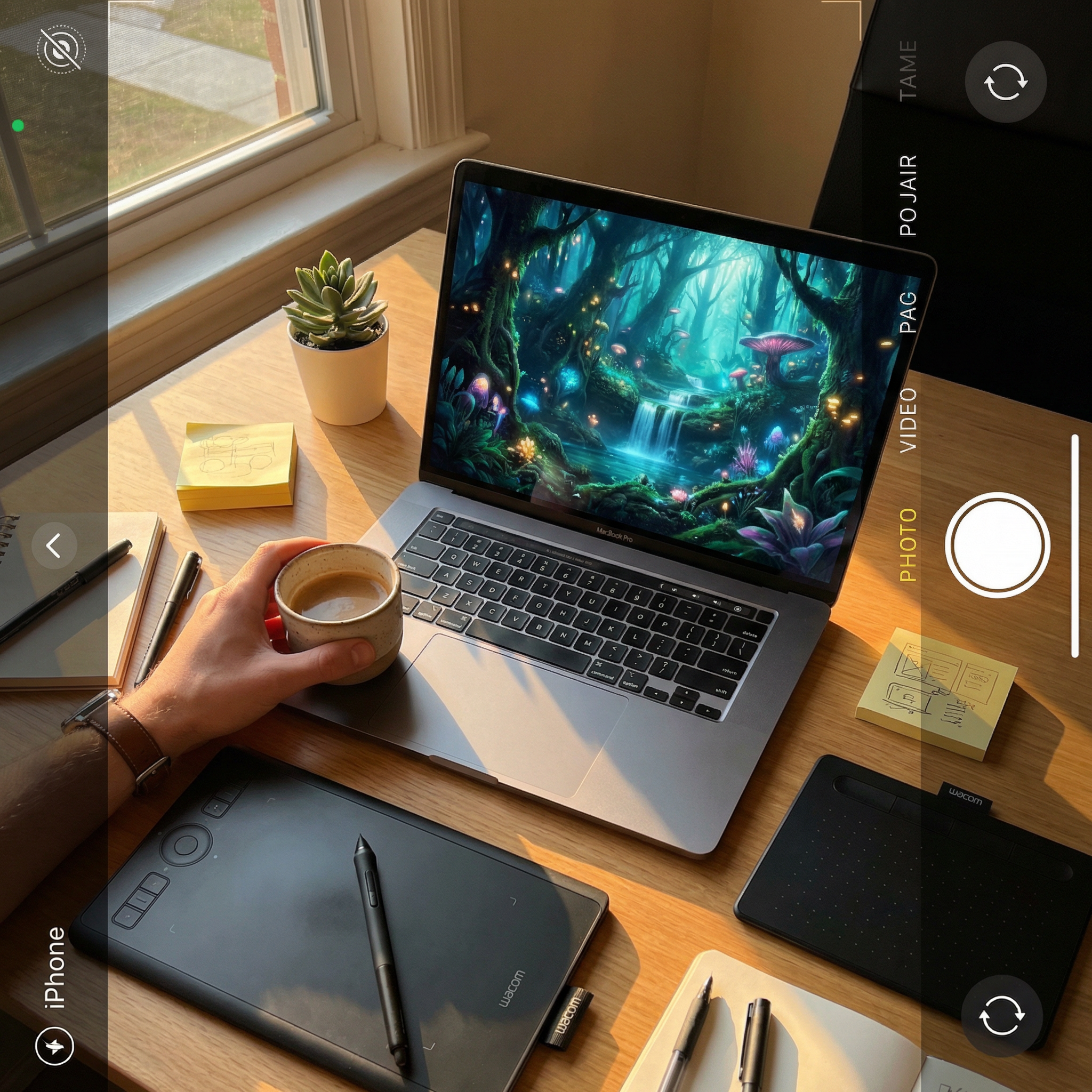 A cinematic overhead photo of a designer's workspace at golden hour. On a
MacBook screen, a breathtaking AI-generated fantasy landscape is
displayed — glowing bioluminescent forest with a waterfall,
hyper-detailed and photorealistic. Next to the laptop, a hand holds a
coffee cup. The desk has scattered creative tools — a Wacom tablet,
sticky notes, a succulent plant. Warm natural light streams through a
window casting long shadows. The mood is aspirational and creative. Shot
on iPhone, slightly candid angle, shallow depth of field on the screen.
No text overlays.
