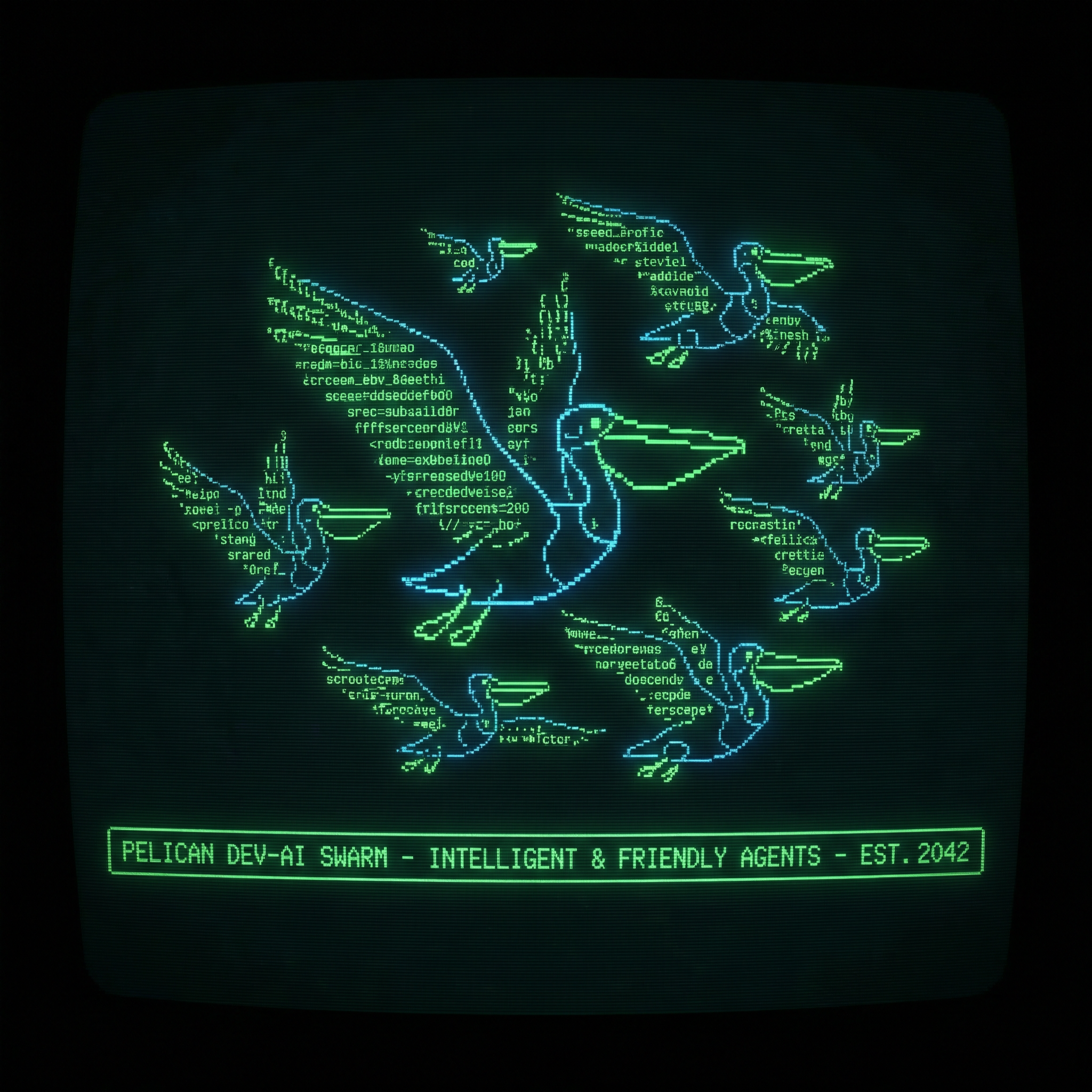 a hacker style ascii text illustration of a swarm (flock) group of pelican developer artificial intelligence robot agents flying, they are intelligent and friendly, futuristic, black background