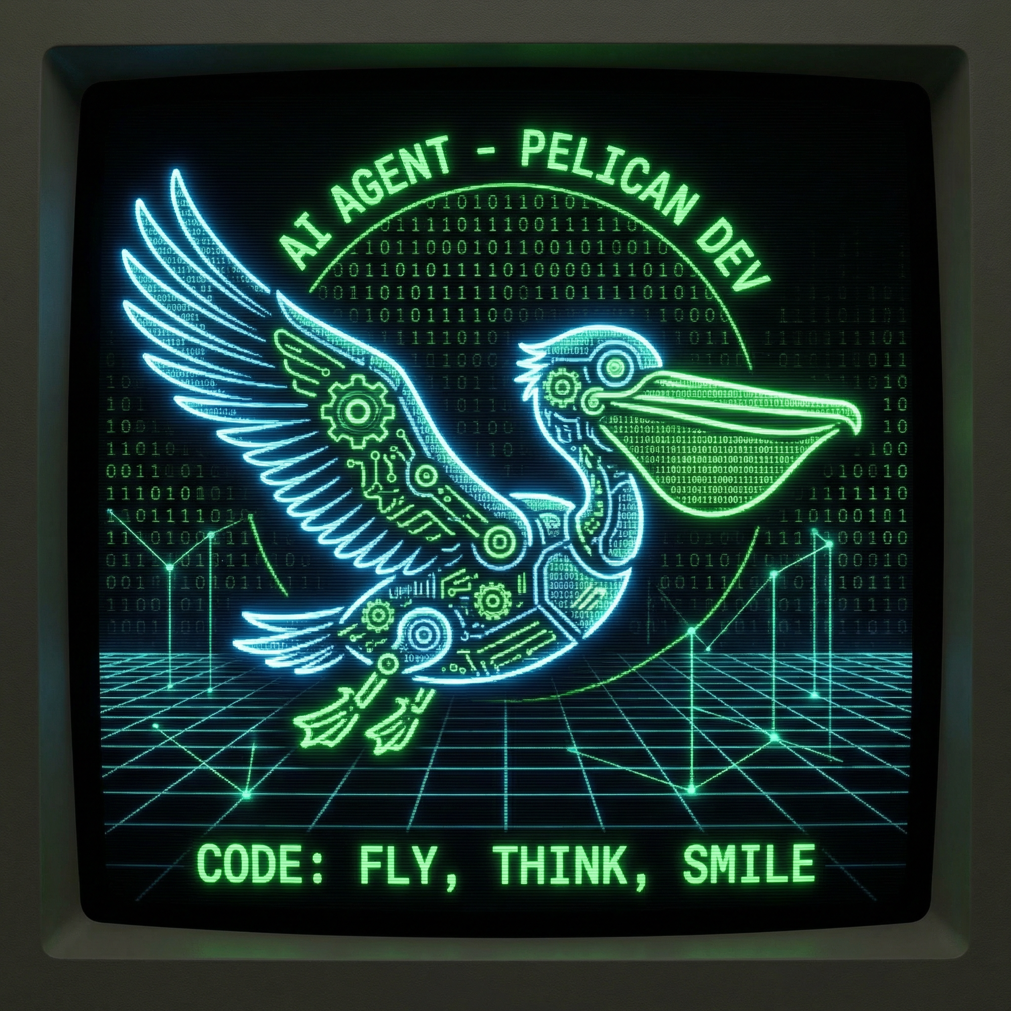a hacker style ascii text illustration of a pelican developer artificial intelligence robot agent flying,  intelligent and friendly, futuristic, black background