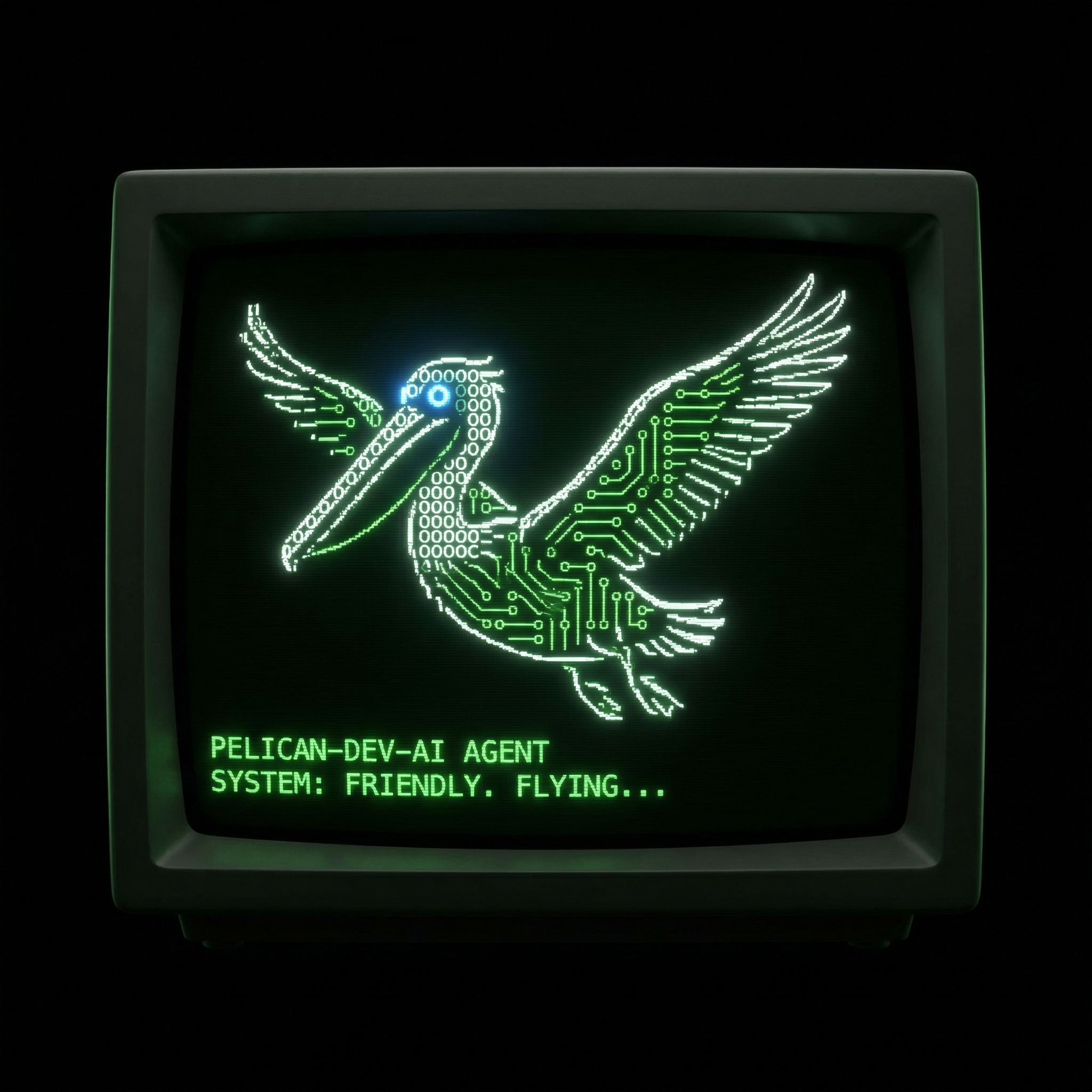 a hacker style ascii text illustration of a pelican developer artificial intelligence robot agent flying, intelligent and friendly, futuristic, black background