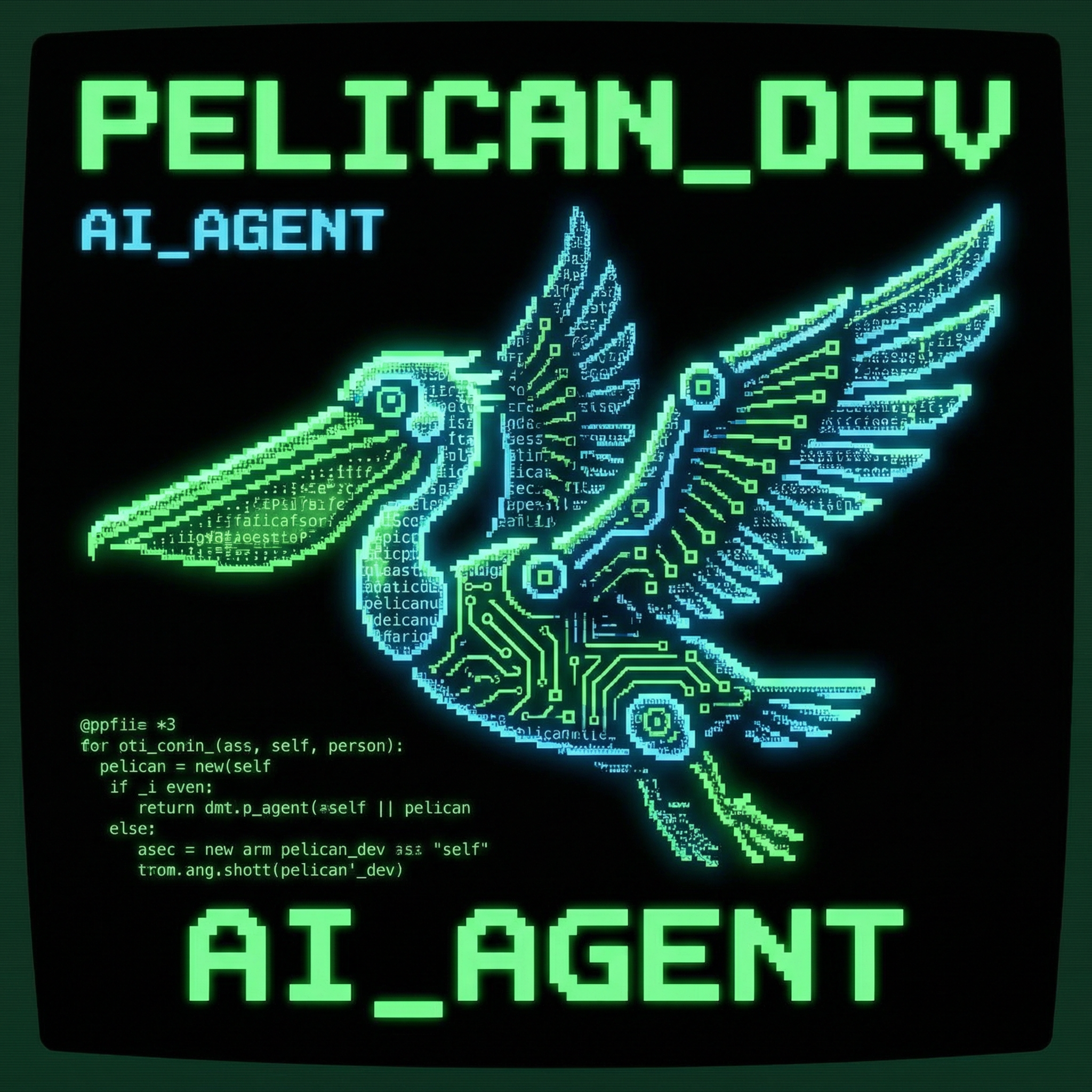 a futuristic hacker style ascii text illustration of a pelican developer artificial intelligence robot agent flying, black background