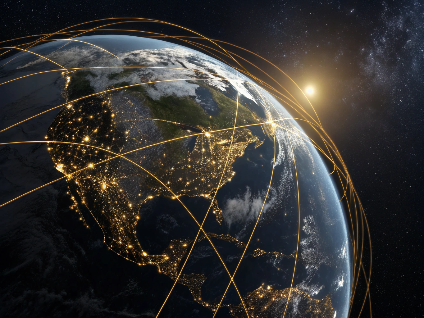photorealistic earth world global network with golden lines, dark themed