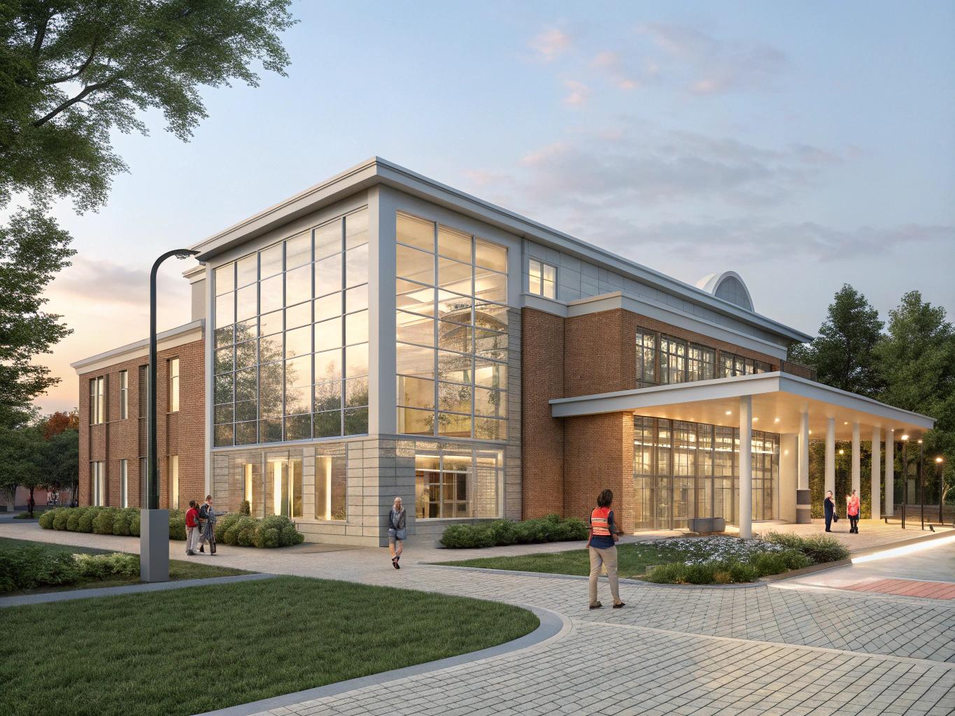 Create a 3d rendering for a new library construction plan. Show the outside of the library building 
