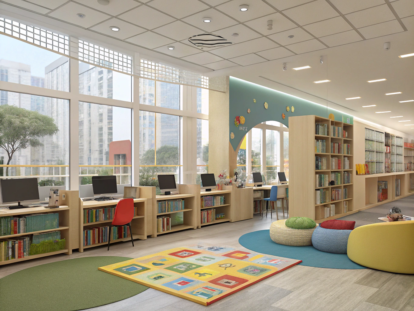 Create a 3d rendering for a public library's new children's section. Include books, computers, a play area, and staff offices
