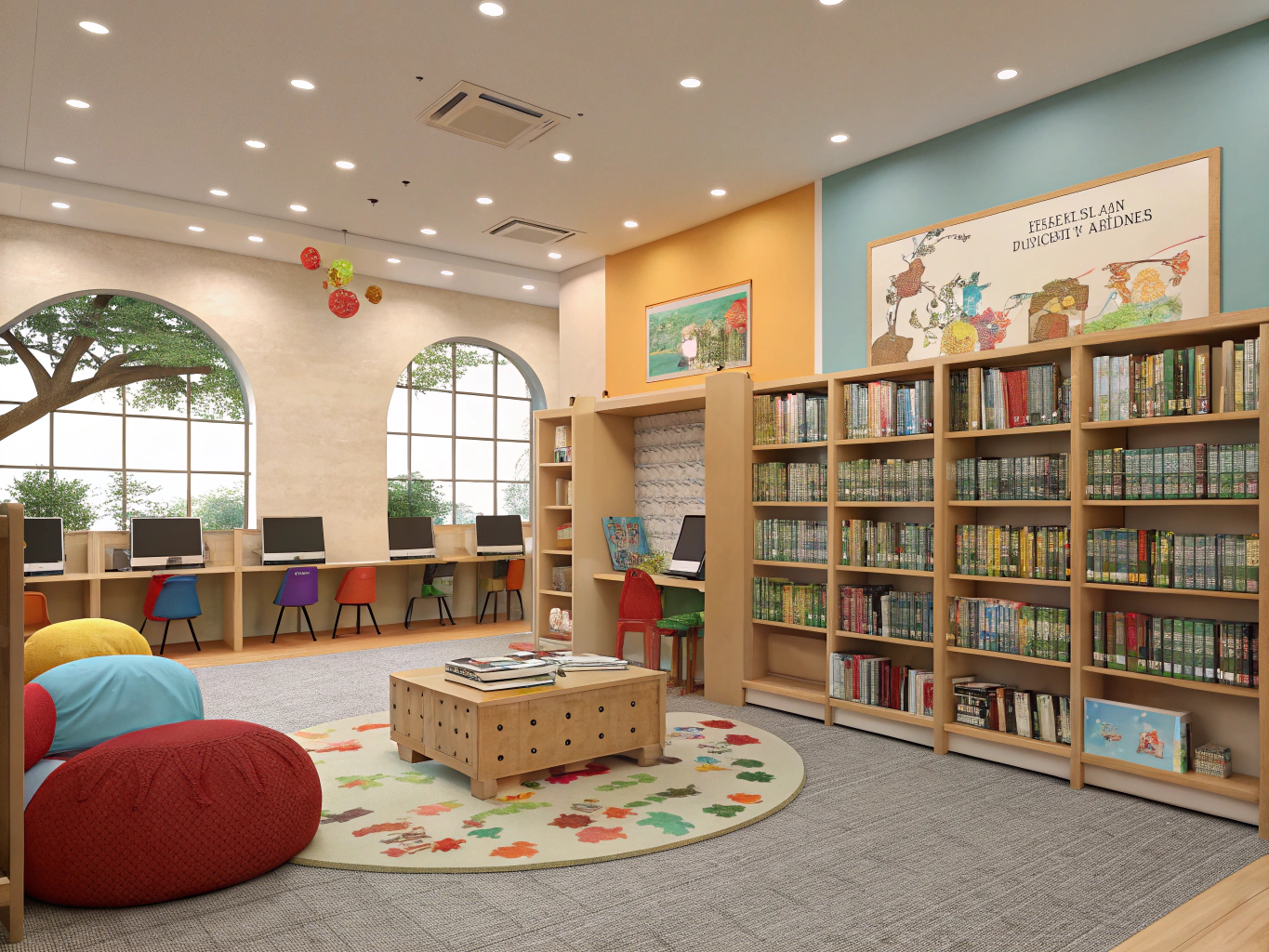 Create a 3d rendering for a public library's new children's section. Include books, computers, and a play area. Show a central view of the middle of the room

