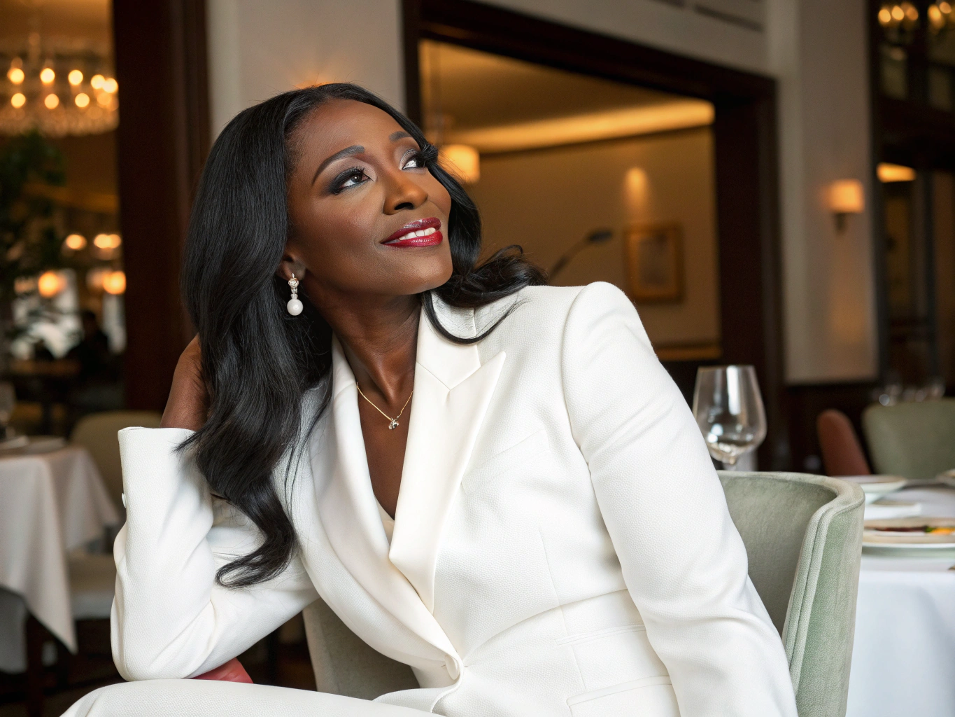 Professional headshot photograph of 40 years old beautiful ebony black skin woman with long black hair wearing a white suit in the restaurant 