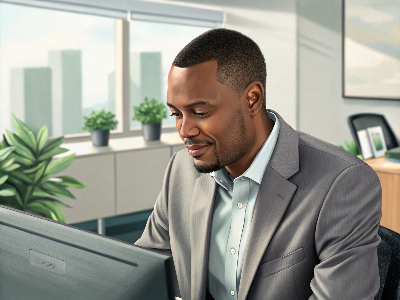 real 35 handsome black guy with short hair wearing a gray suit in the office working on his computer 