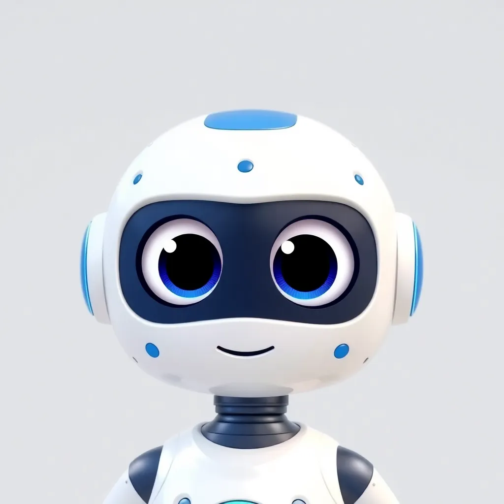 A cute cartoon AI robot with big eyes, white and blue colors, Pixar-style 3D render, friendly and engaging, for an AI education and fun facts Shorts channel.