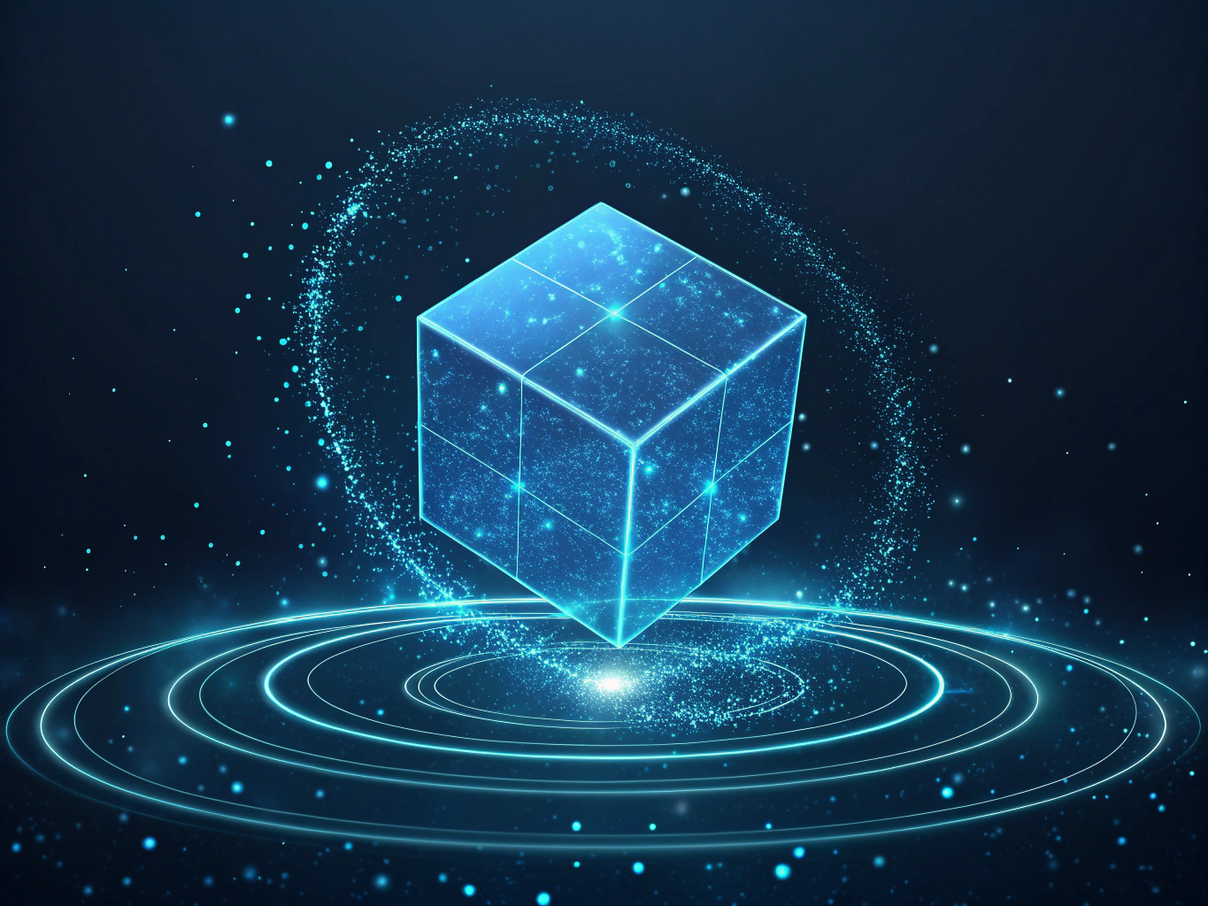 A floating holographic blue cube with digital particles, cybernetic style, dark background, for an AI news and futuristic tech Shorts channel. Mysterious and modern.
