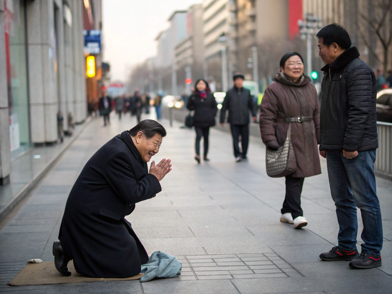 The President of the China  is begging on the street
