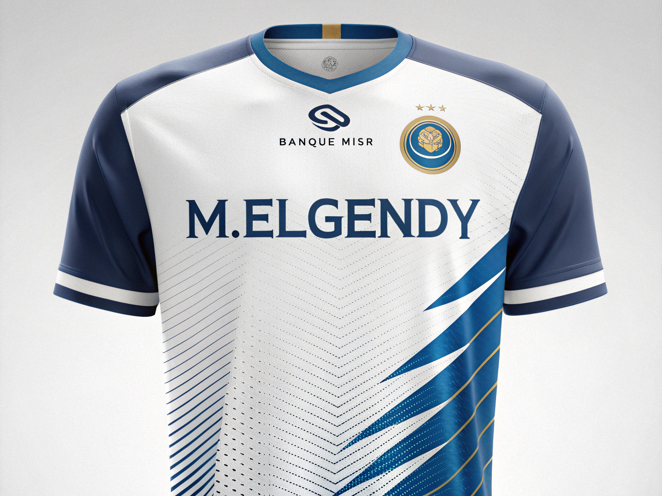 Football Jersey Design for a 15-Year-Old Teen:**  
- **Front Side:**  
  - Small *Banque Misr* logo (in corporate blue/gold) centered at the top.  
  - Below it, "بنك مصر" written in Arabic with a modern, clean font.  
  - Add sporty accents (e.g., dynamic stripes, gradient effects in blue/white).  
- **Back Side:**  
  - Top line: Bold " Banque Misr " in large, capitalized English font.  
  - Below: "M.ELGENDY" in strong, capitalized letters.  
  - Center: Prominent **Number 7** with a modern 3D effect (shadow/outline for emphasis).  
  - Color scheme: Banque Misr’s official blue, white, and metallic gold/silver accents.  
- **Additional Details:**  
  - Use breathable, moisture-wicking fabric.  
  - Add diagonal side panels or racing stripes for a dynamic athletic look.  
  - Optional: Include subtle geometric patterns inspired by Egyptian heritage (e.g., pharaonic motifs in minimal style).  

---
**Creative Touch:**  
- Blend Banque Misr’s corporate identity with youthful, sporty energy.  
- Balance professionalism (blue) and vibrancy (gold/white).  
- Ensure readability of text/numbers while maintaining sleek aesthetics.