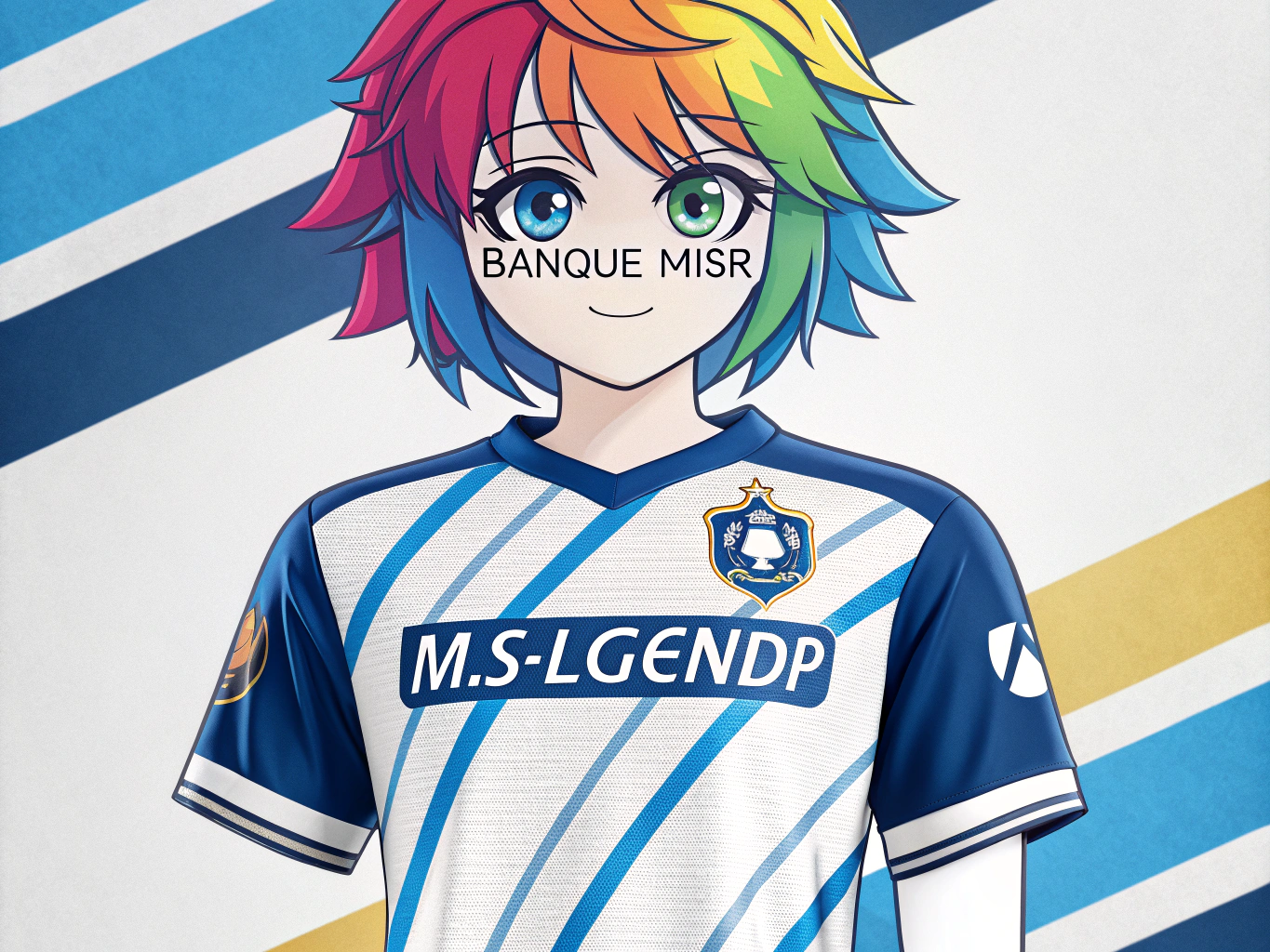 Anime character with colorful hair and big eyesFootball Jersey Design for a 15-Year-Old Teen:**  
- **Front Side:**  
  - Small *Banque Misr* logo (in corporate blue/gold) centered at the top.  
  - Below it, "بنك مصر" written in Arabic with a modern, clean font.  
  - Add sporty accents (e.g., dynamic stripes, gradient effects in blue/white).  
- **Back Side:**  
  - Top line: Bold " Banque Misr " in large, capitalized English font.  
  - Below: "M.ELGENDY" in strong, capitalized letters.  
  - Center: Prominent **Number 7** with a modern 3D effect (shadow/outline for emphasis).  
  - Color scheme: Banque Misr’s official blue, white, and metallic gold/silver accents.  
- **Additional Details:**  
  - Use breathable, moisture-wicking fabric.  
  - Add diagonal side panels or racing stripes for a dynamic athletic look.  
  - Optional: Include subtle geometric patterns inspired by Egyptian heritage (e.g., pharaonic motifs in minimal style).  

---
**Creative Touch:**  
- Blend Banque Misr’s corporate identity with youthful, sporty energy.  
- Balance professionalism (blue) and vibrancy (gold/white).  
- Ensure readability of text/numbers while maintaining sleek aesthetics.